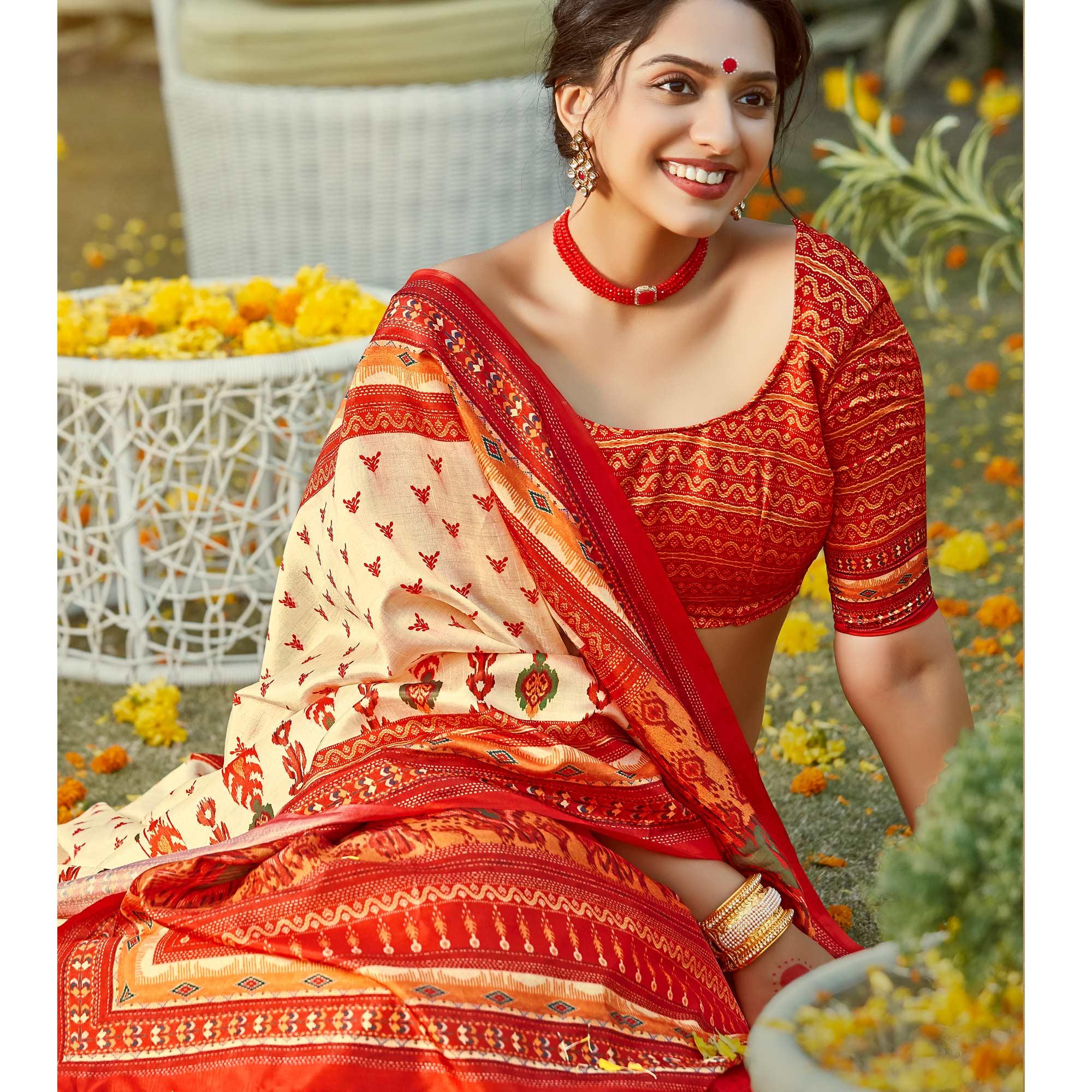 Gold Casual Wear Digital Printed Patola Silk Saree - Peachmode