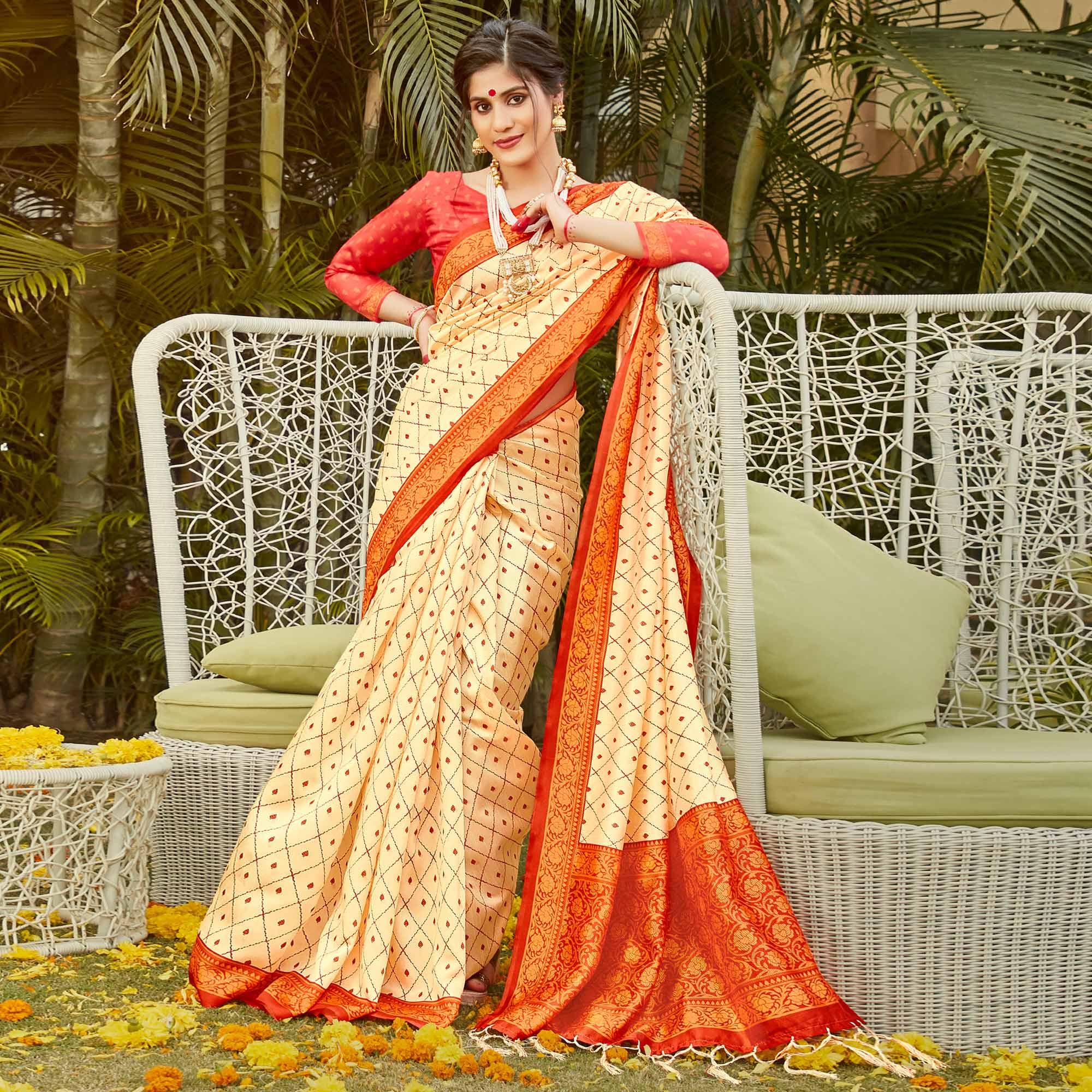 Gold Casual Wear Digital Printed Patola Silk Saree - Peachmode
