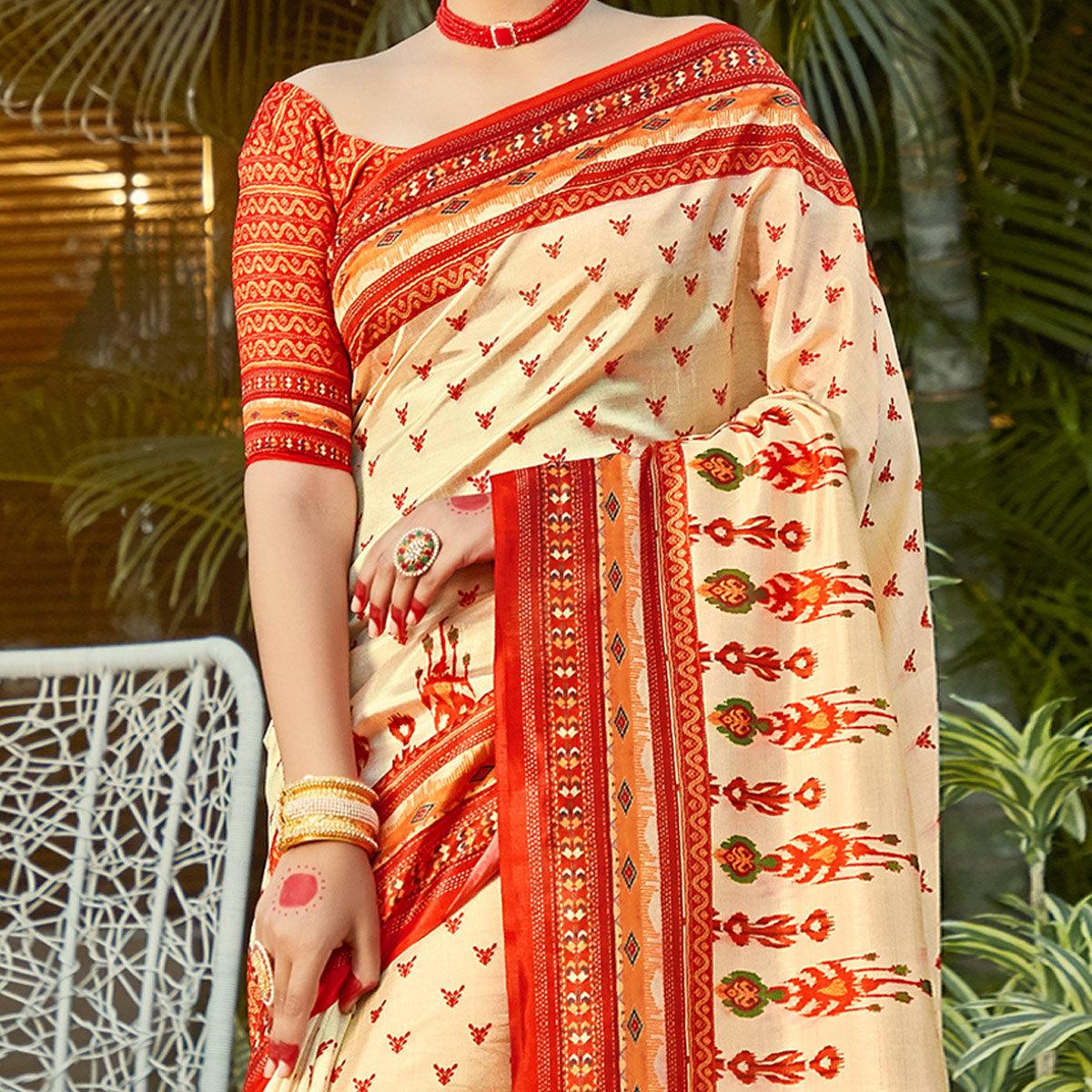 Gold Casual Wear Digital Printed Patola Silk Saree - Peachmode