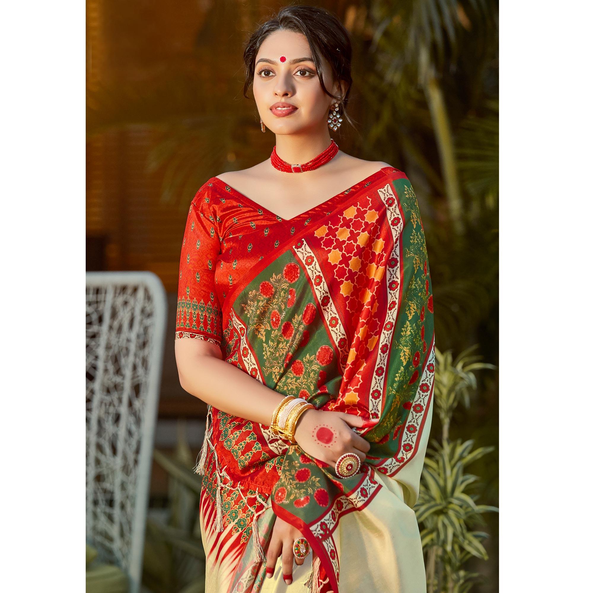 Gold Casual Wear Digital Printed Patola Silk Saree - Peachmode