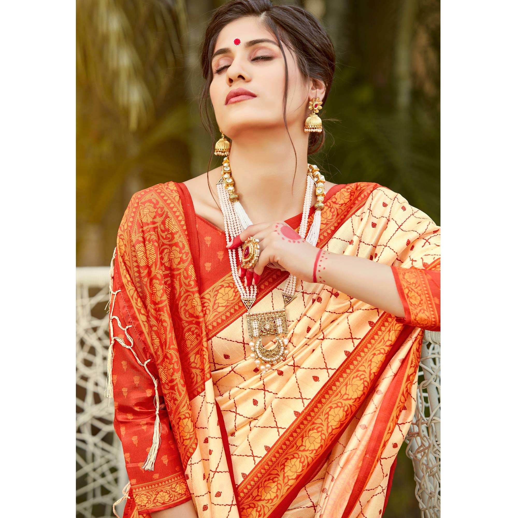 Gold Casual Wear Digital Printed Patola Silk Saree - Peachmode