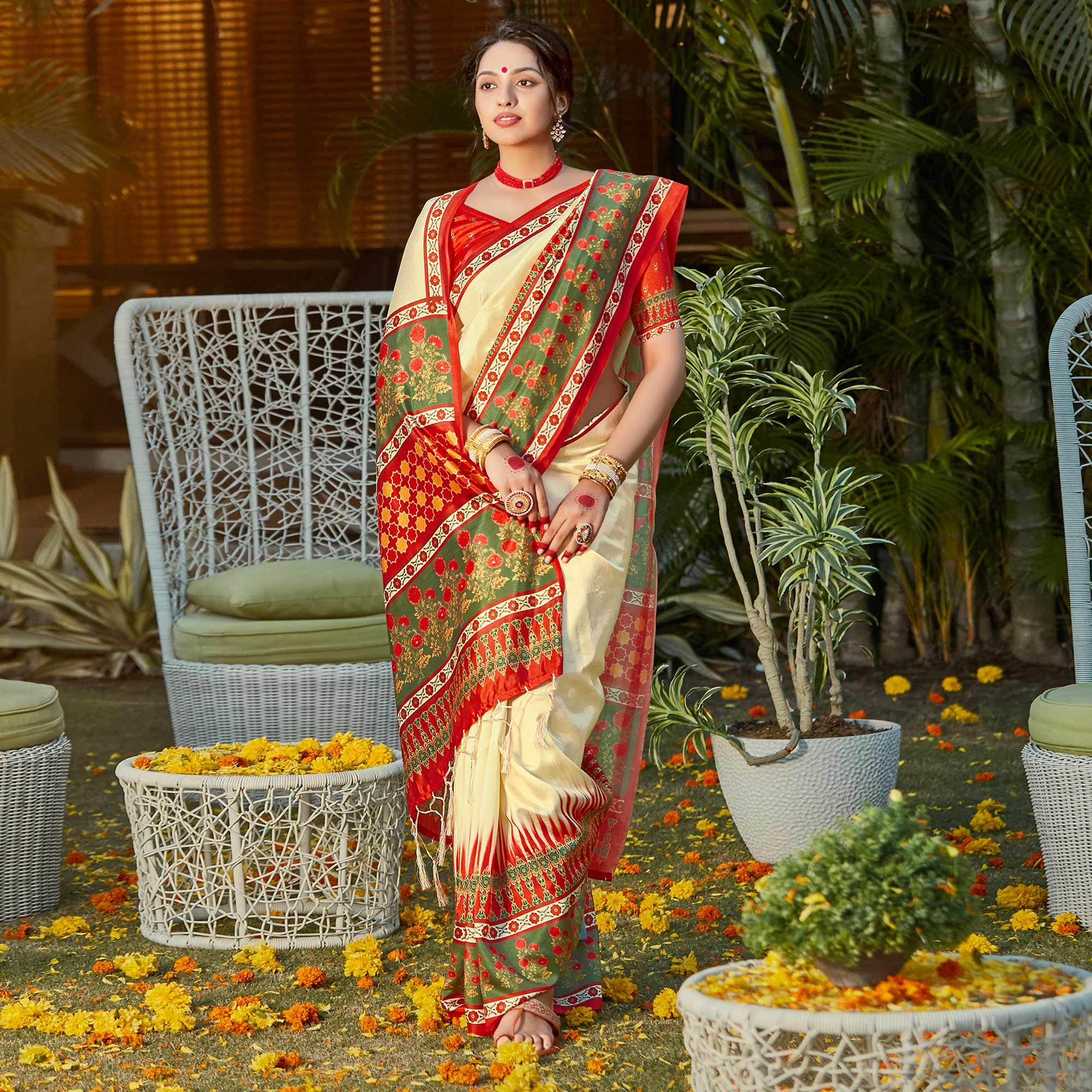 Gold Casual Wear Digital Printed Patola Silk Saree - Peachmode
