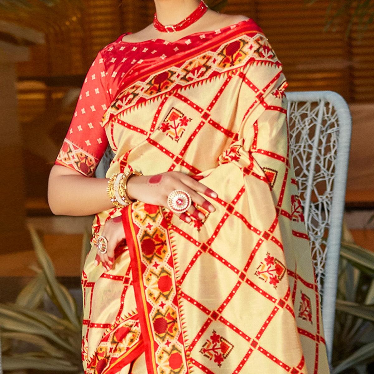 Gold Casual Wear Digital Printed Patola Silk Saree - Peachmode