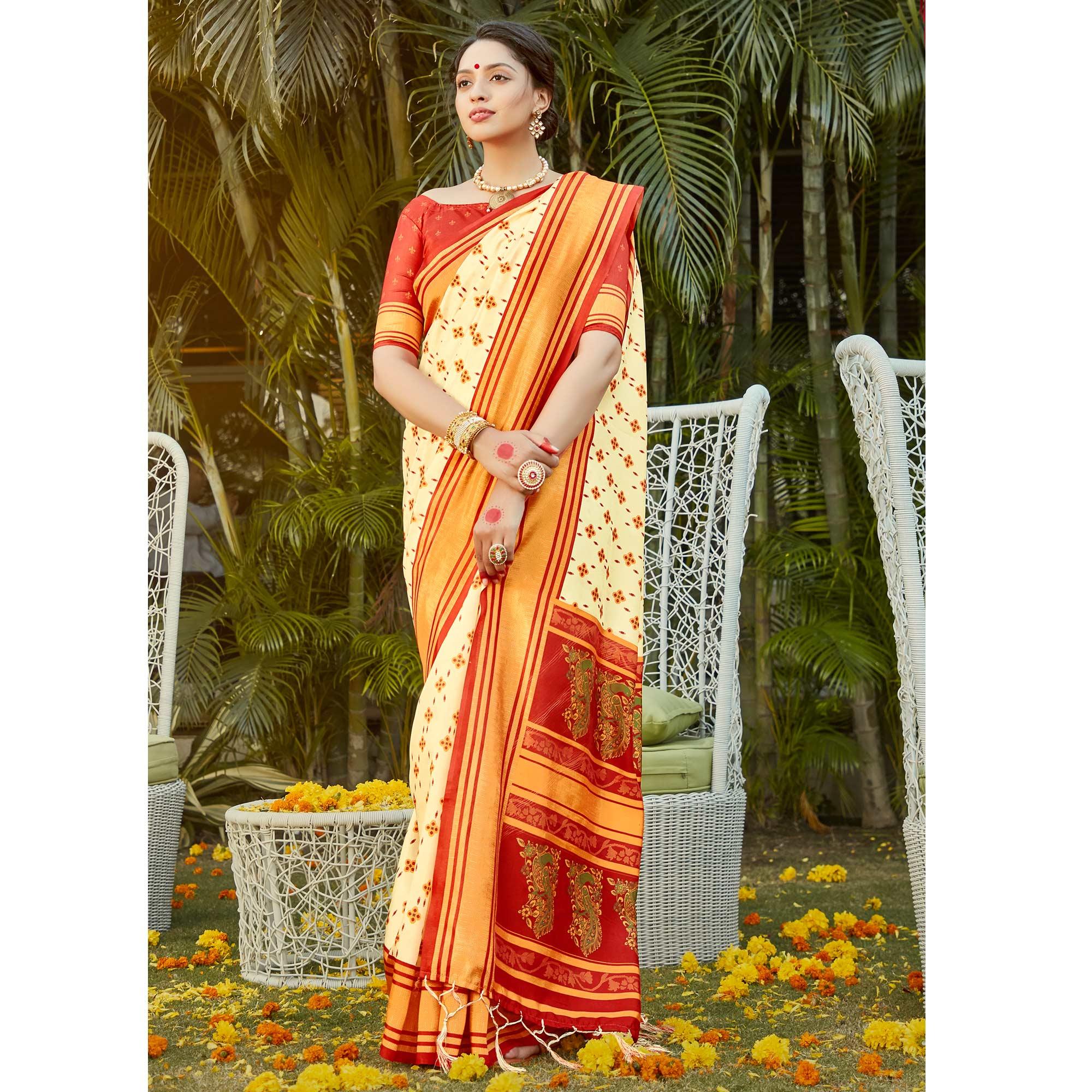 Gold Casual Wear Digital Printed Patola Silk Saree - Peachmode