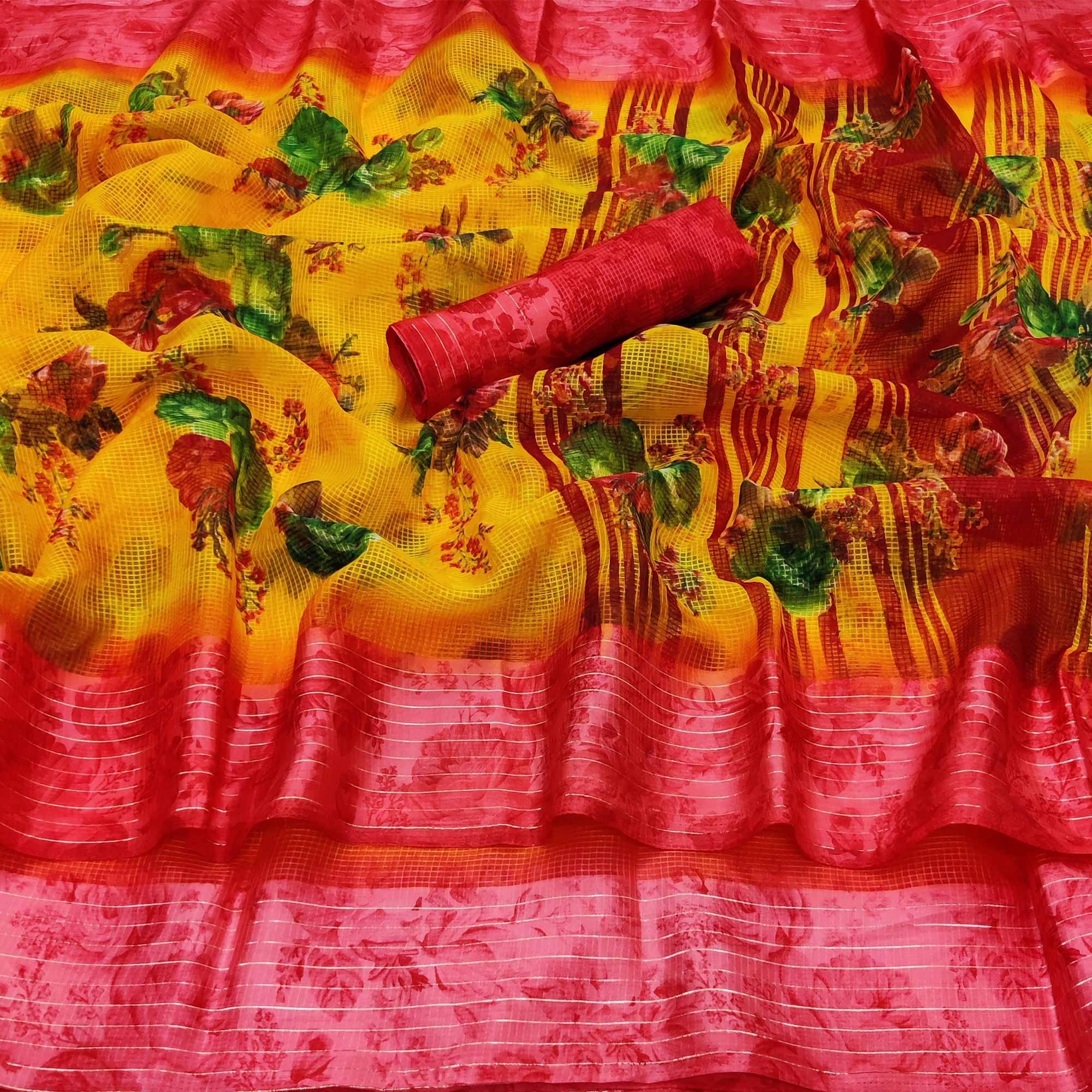 Gold Casual Wear Floral Digital Printed linen Saree - Peachmode