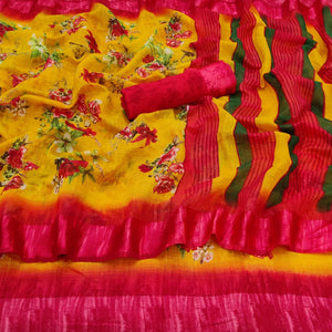 Gold Casual Wear Floral Digital Printed linen Saree - Peachmode