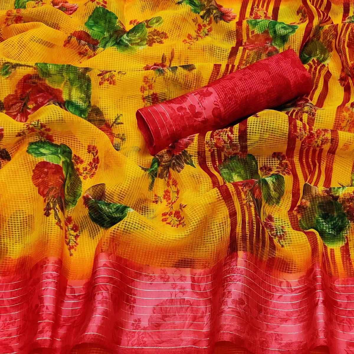 Gold Casual Wear Floral Digital Printed linen Saree - Peachmode