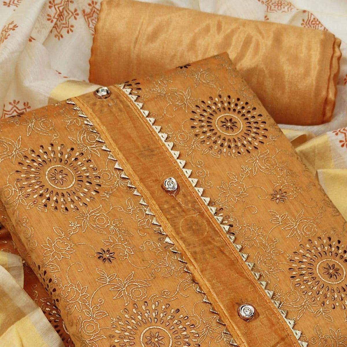 Gold Casual Wear Foil & Printed Chanderi Dress Material - Peachmode