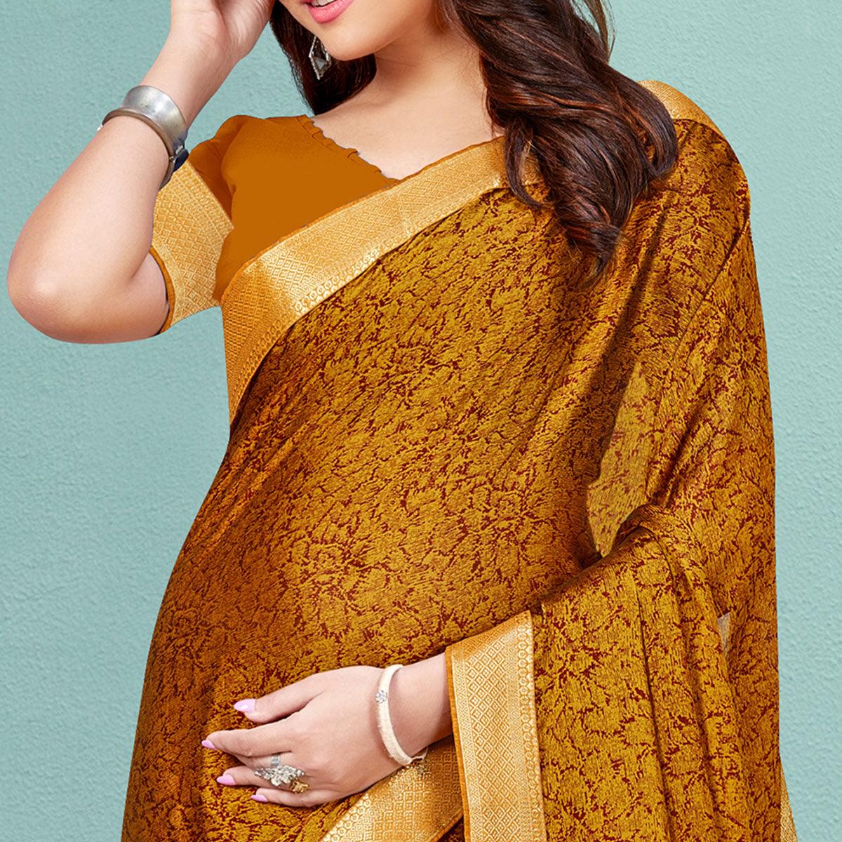 Gold Casual Wear Printed  Chiffon Saree With Banarasi Lace - Peachmode