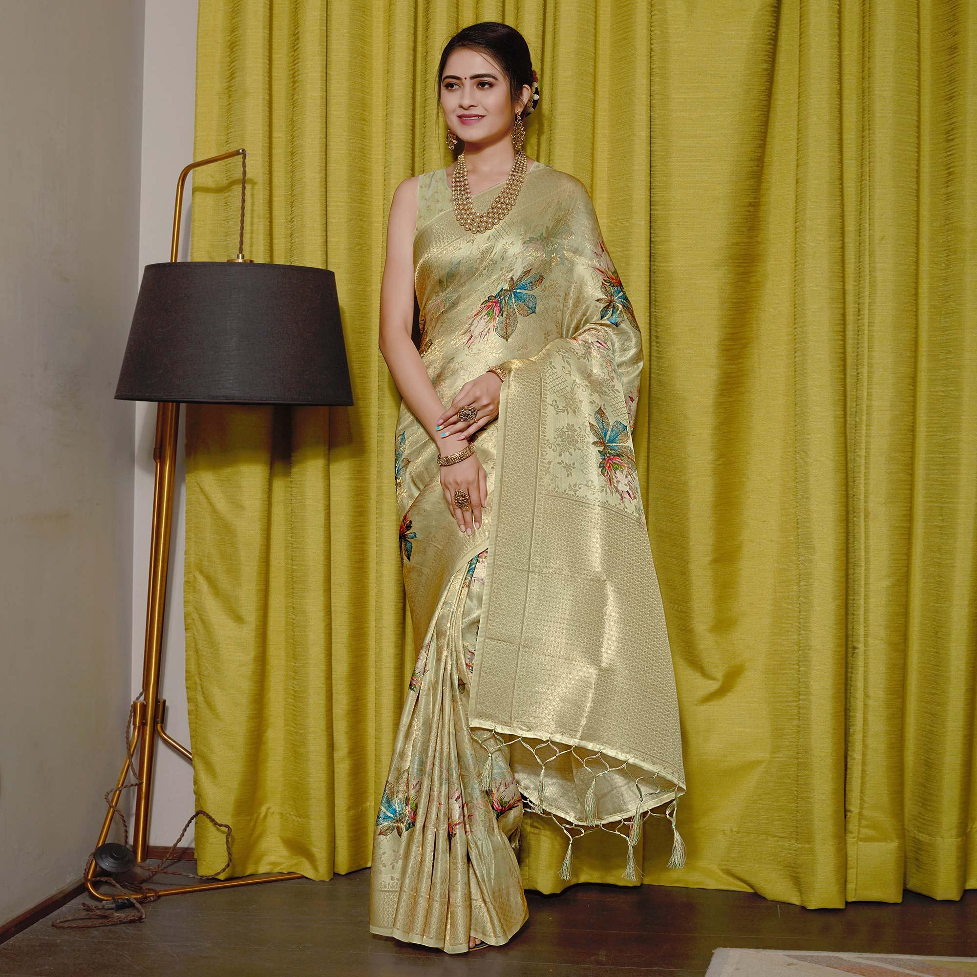 Gold Digital Printed With Woven Art Silk Saree With Tassels - Peachmode