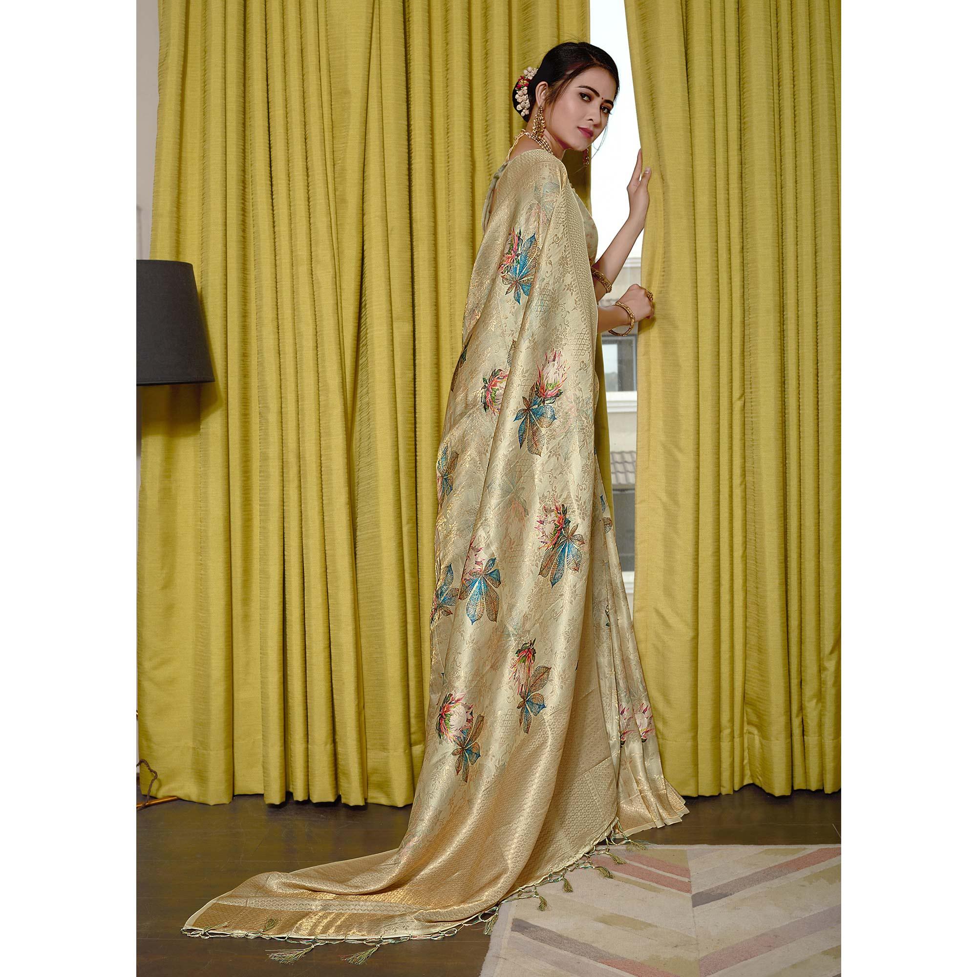 Gold Digital Printed With Woven Art Silk Saree With Tassels - Peachmode