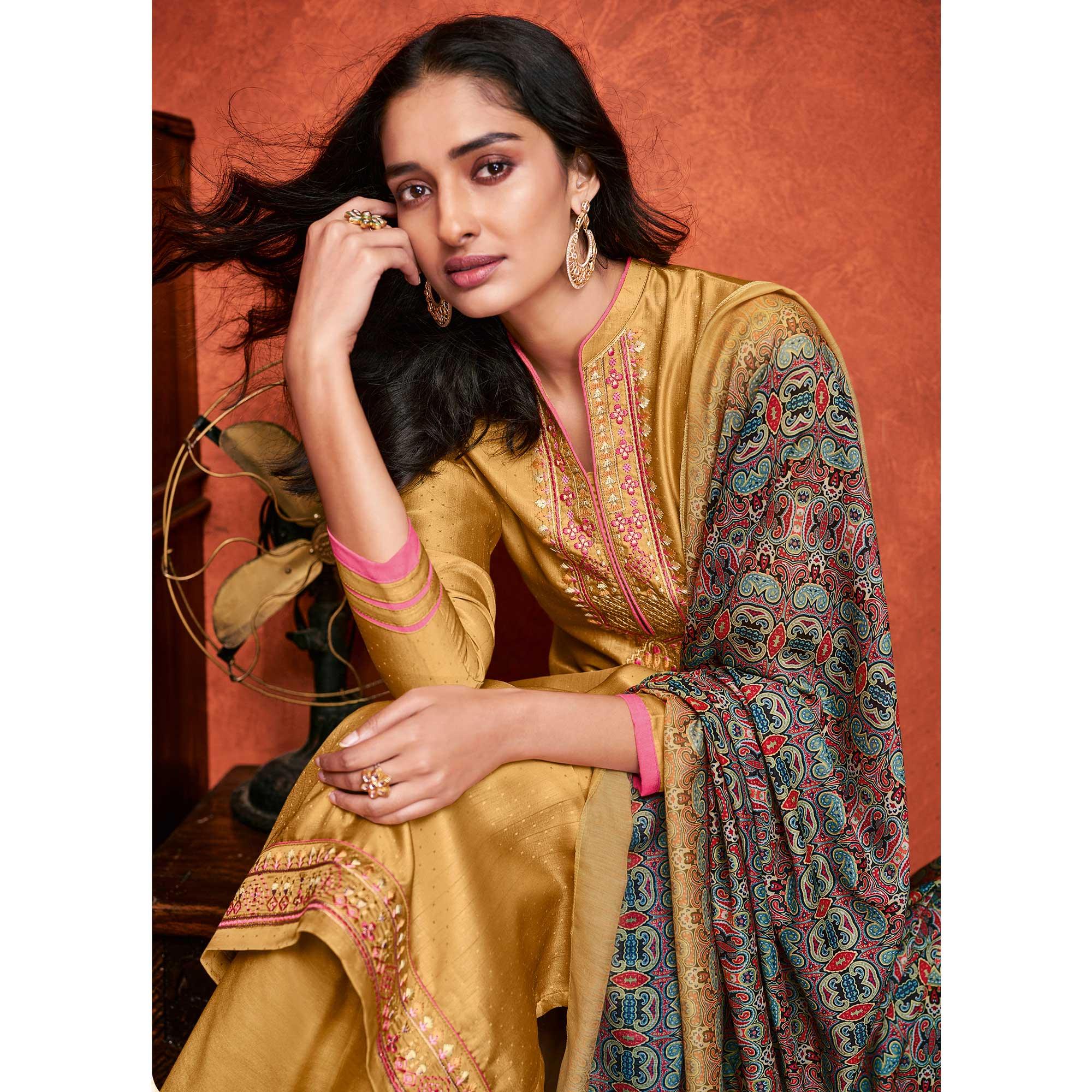 Gold Embroidered Fiona Silk Partywear Suit - Peachmode