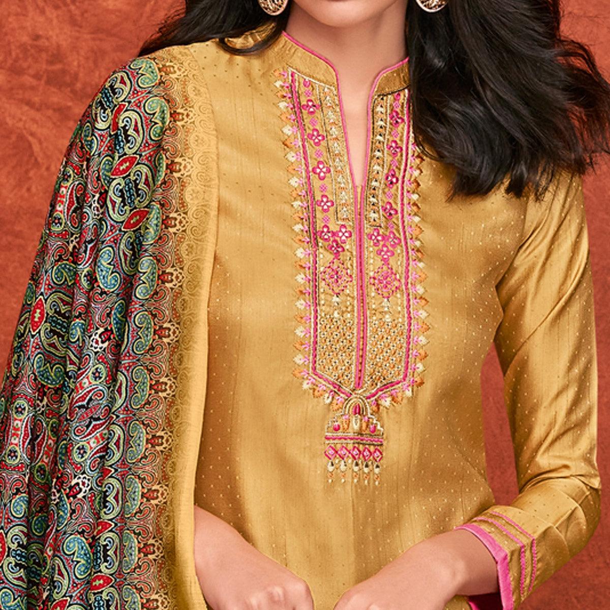 Gold Embroidered Fiona Silk Partywear Suit - Peachmode