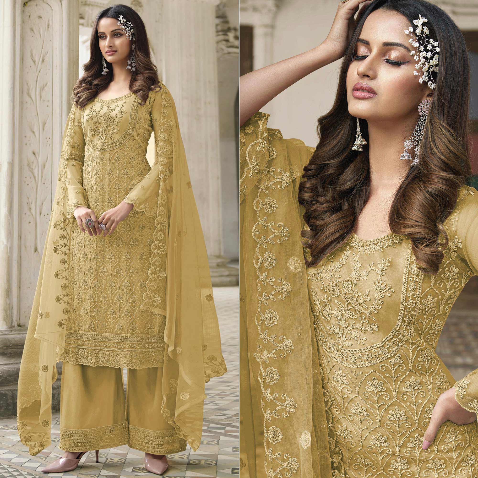 Gold Embroidered With Embellished Net Palazzo Suit - Peachmode