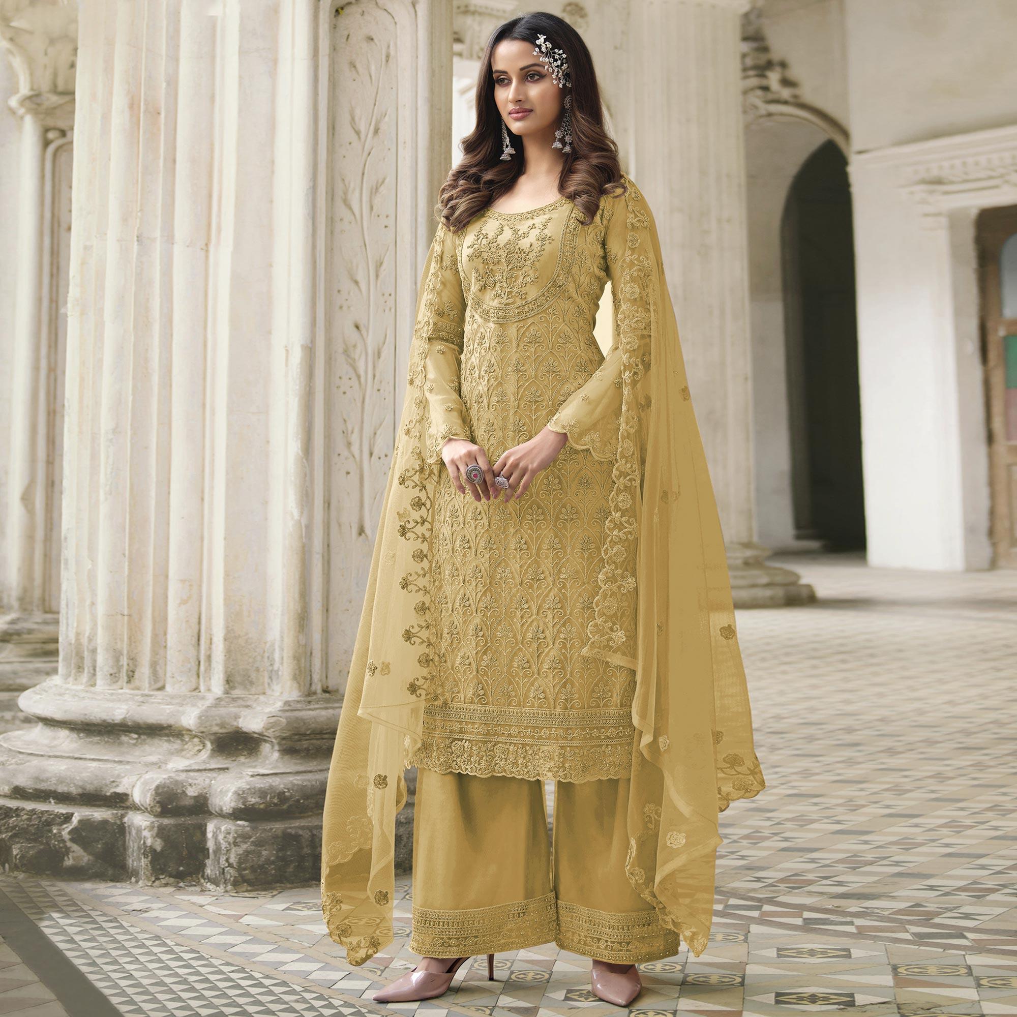 Gold Embroidered With Embellished Net Palazzo Suit