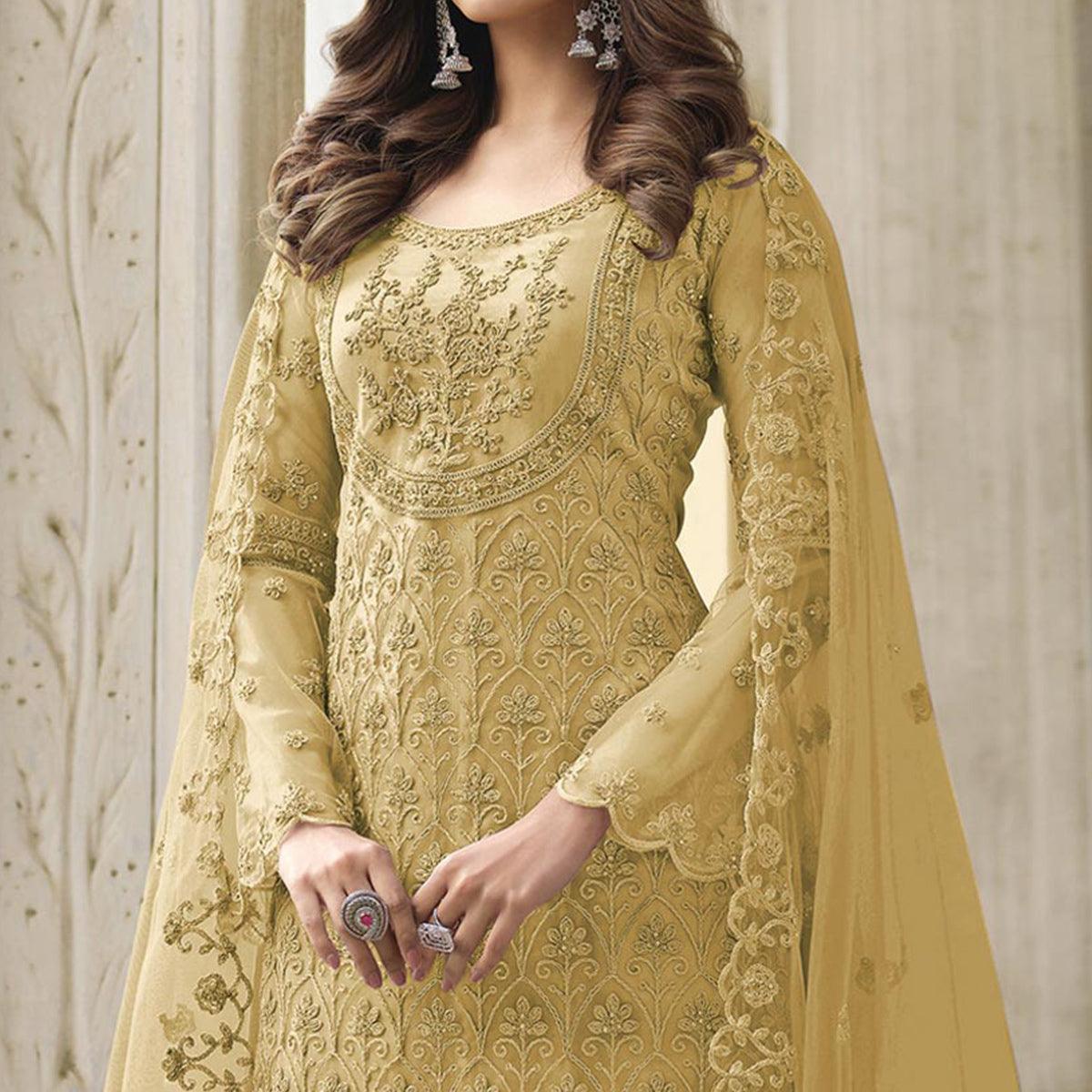 Gold Embroidered With Embellished Net Palazzo Suit - Peachmode