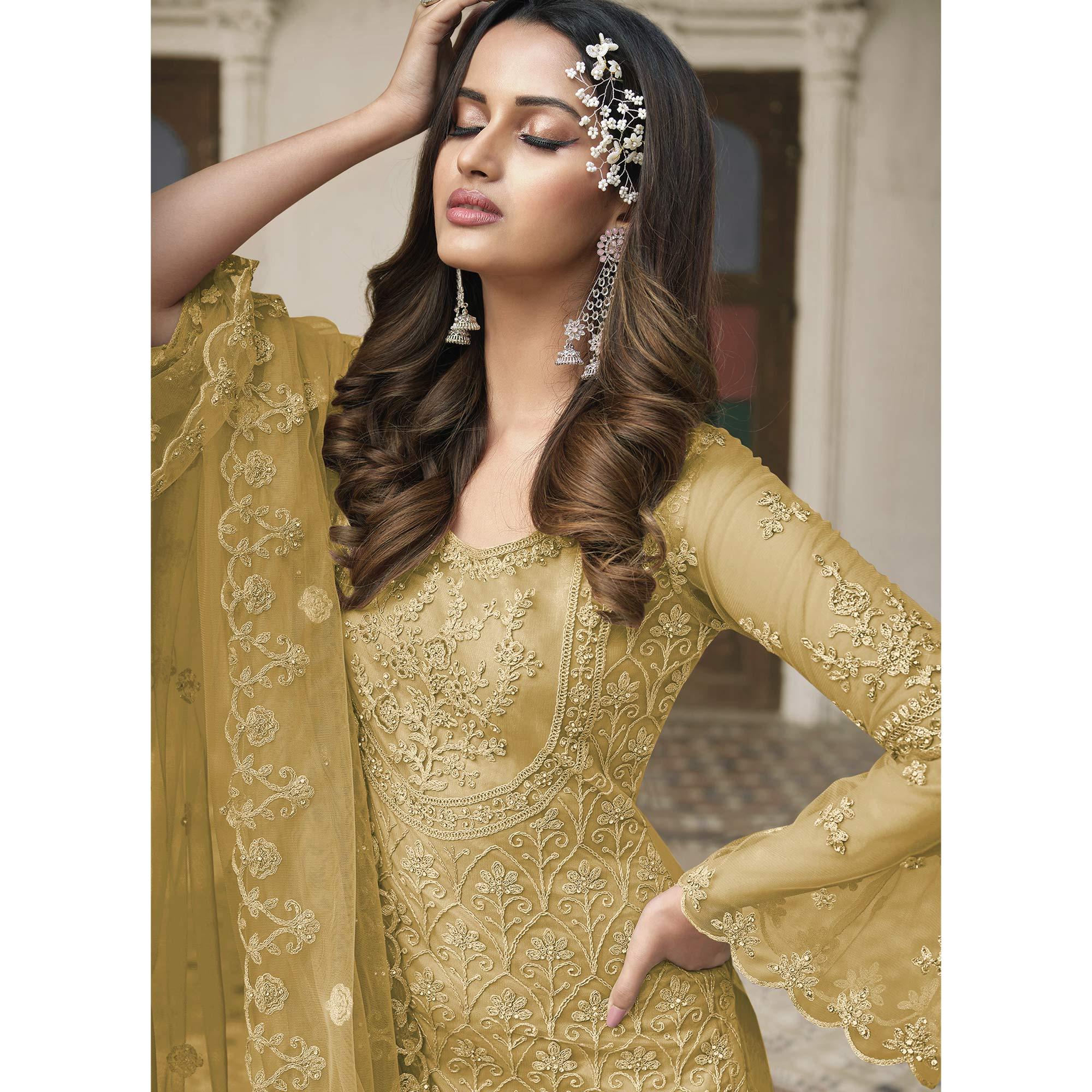 Gold Embroidered With Embellished Net Palazzo Suit - Peachmode