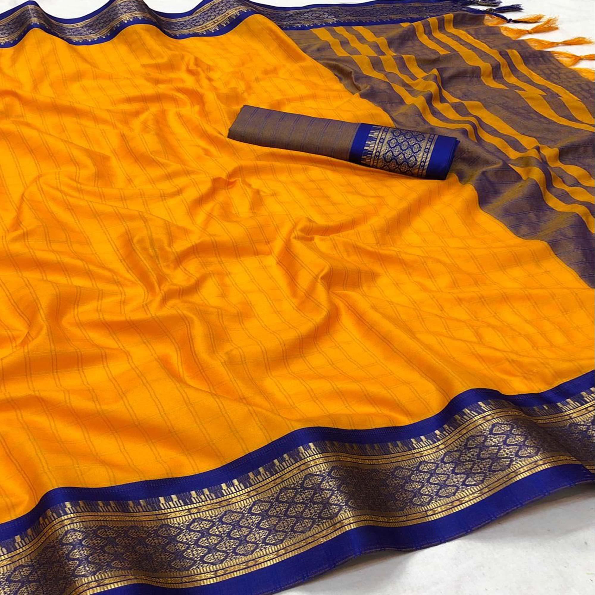 Gold Festive Wear Checks With Woven Border Cotton Silk Saree - Peachmode