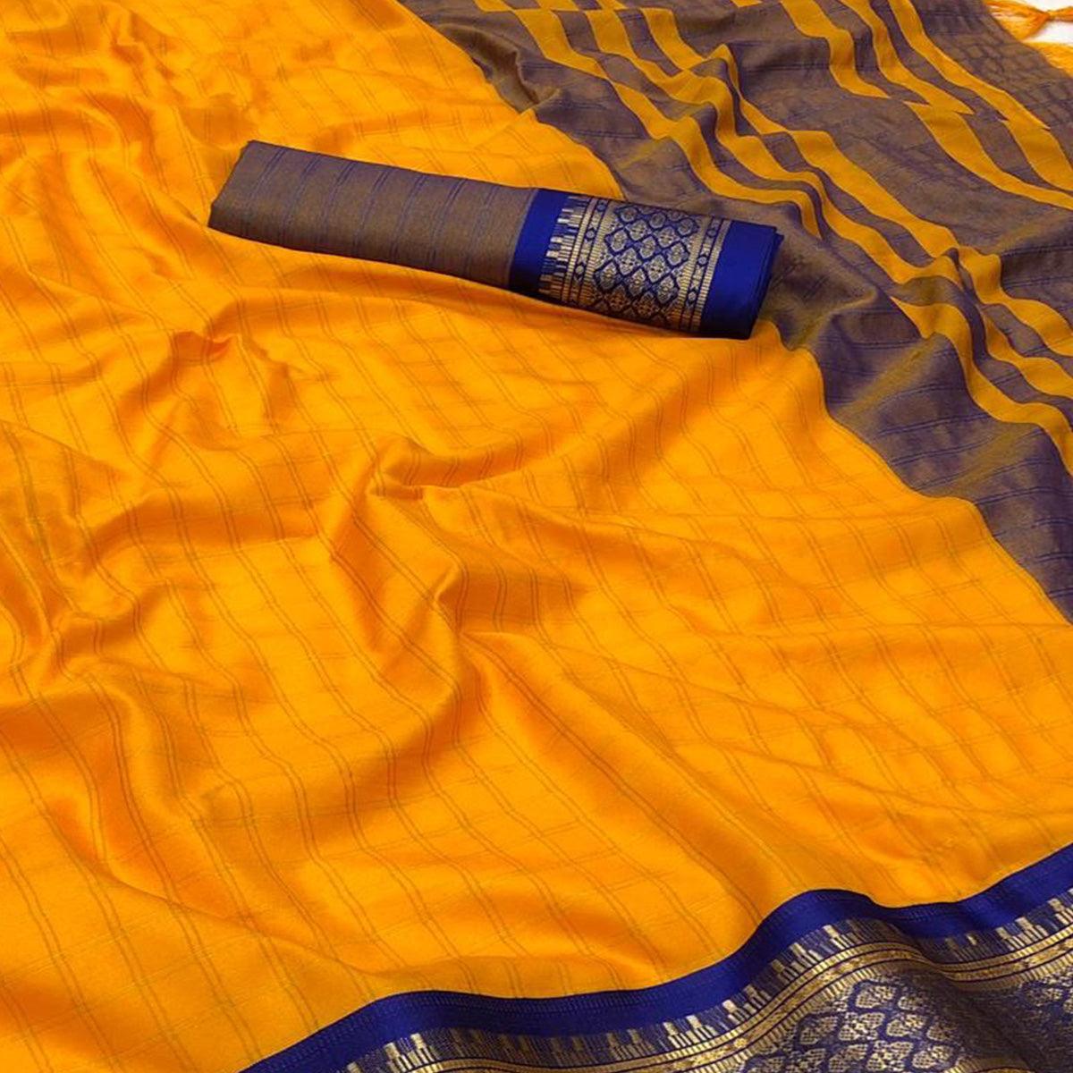 Gold Festive Wear Checks With Woven Border Cotton Silk Saree - Peachmode