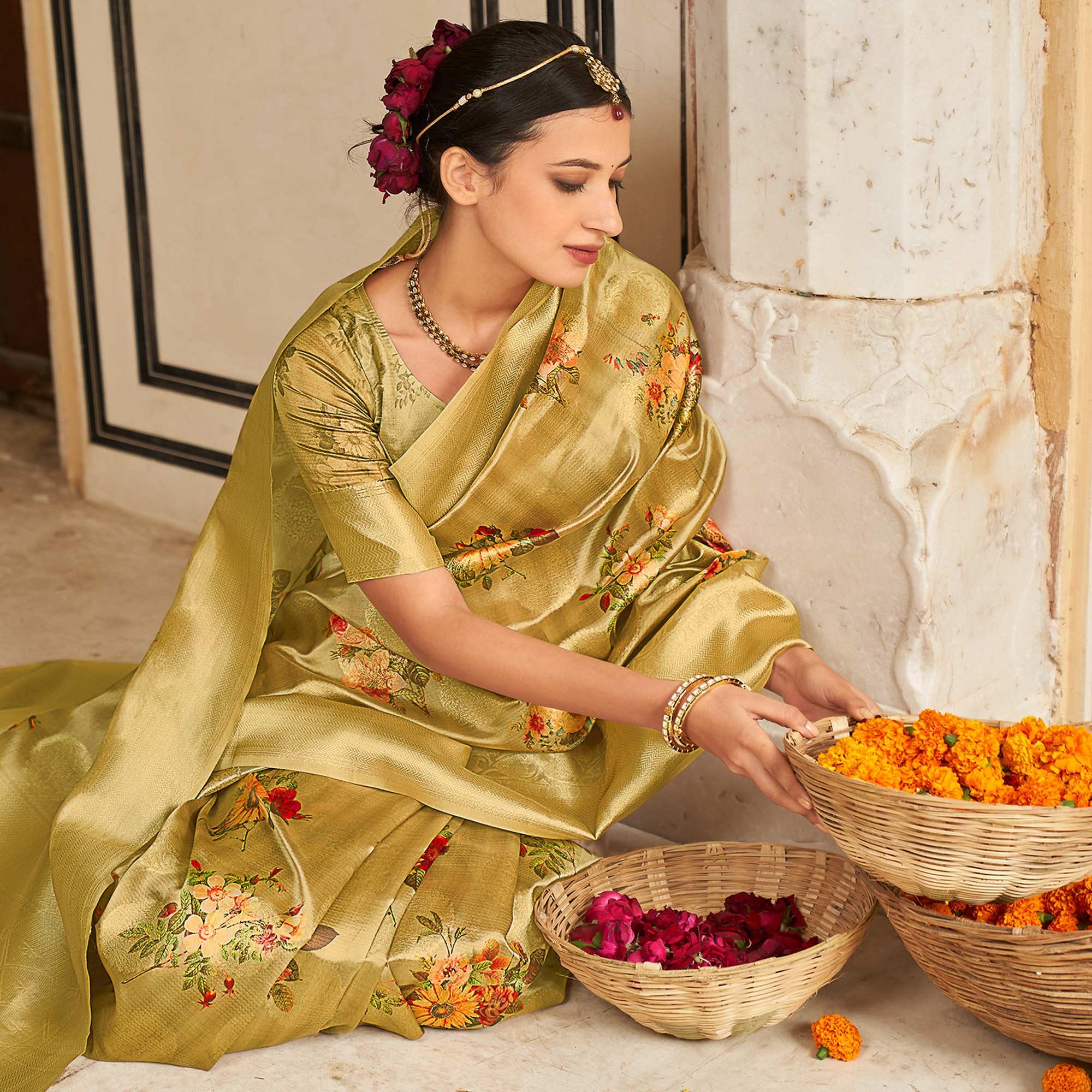 Gold Festive Wear Digital Printed Jacquard Silk Saree - Peachmode