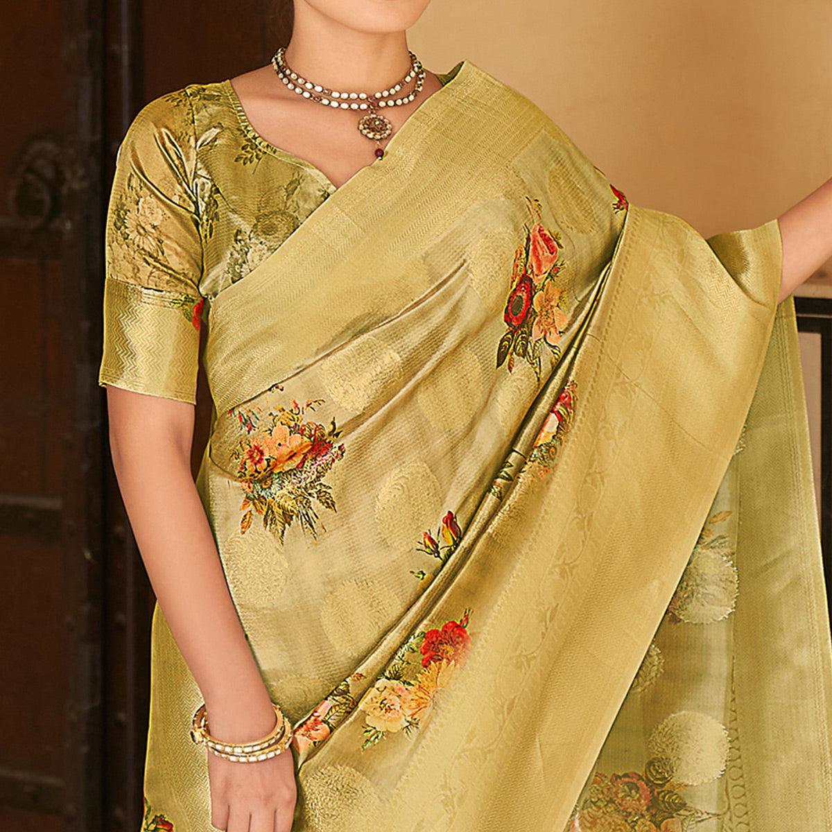 Gold Festive Wear Digital Printed Jacquard Silk Saree - Peachmode