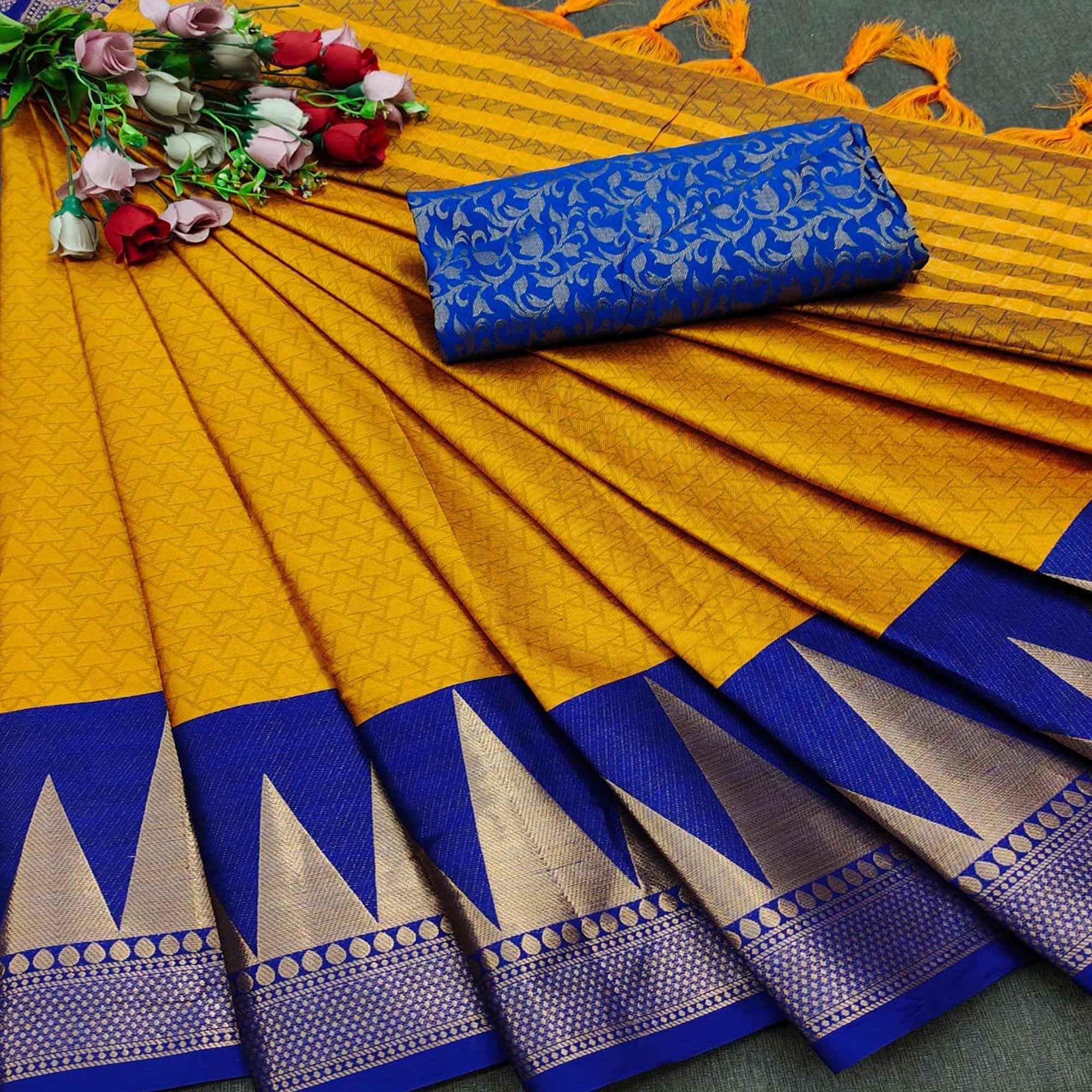 Gold Festive Wear Jacquard Woven Border Heavy Cotton Silk Saree - Peachmode