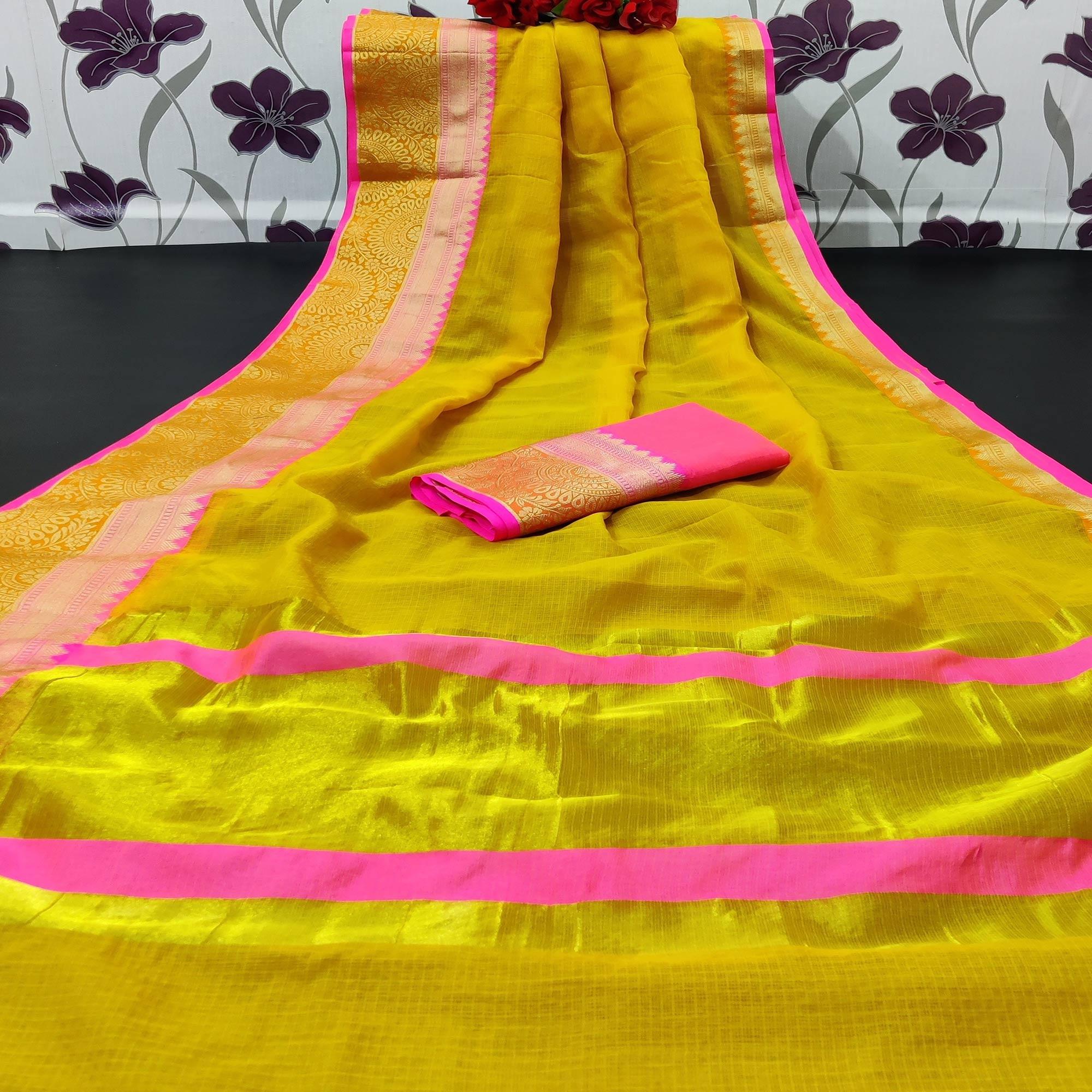 Gold Festive Wear Jacquard Woven Border Silk Saree - Peachmode