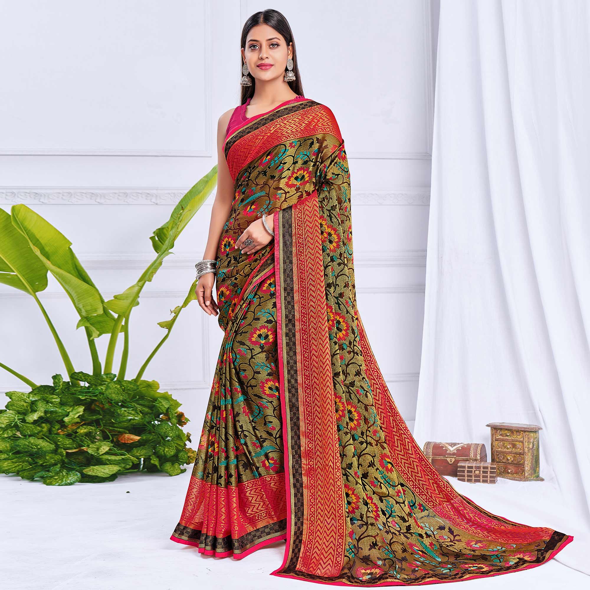 Gold Festive Wear Printed Brasso Saree - Peachmode