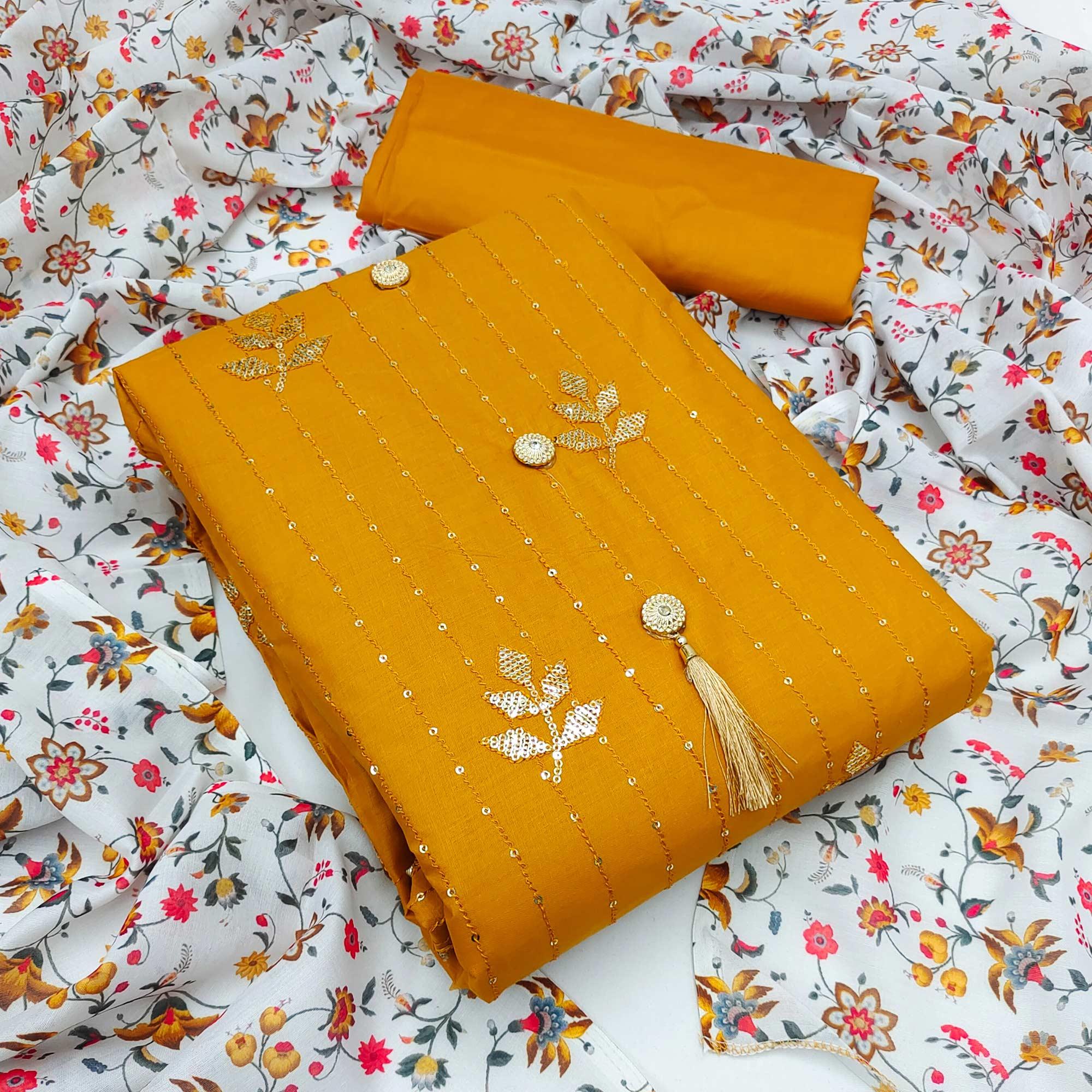 Gold Festive Wear Sequence Work Cotton Dress Material - Peachmode