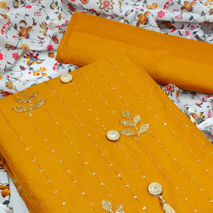 Gold Festive Wear Sequence Work Cotton Dress Material - Peachmode