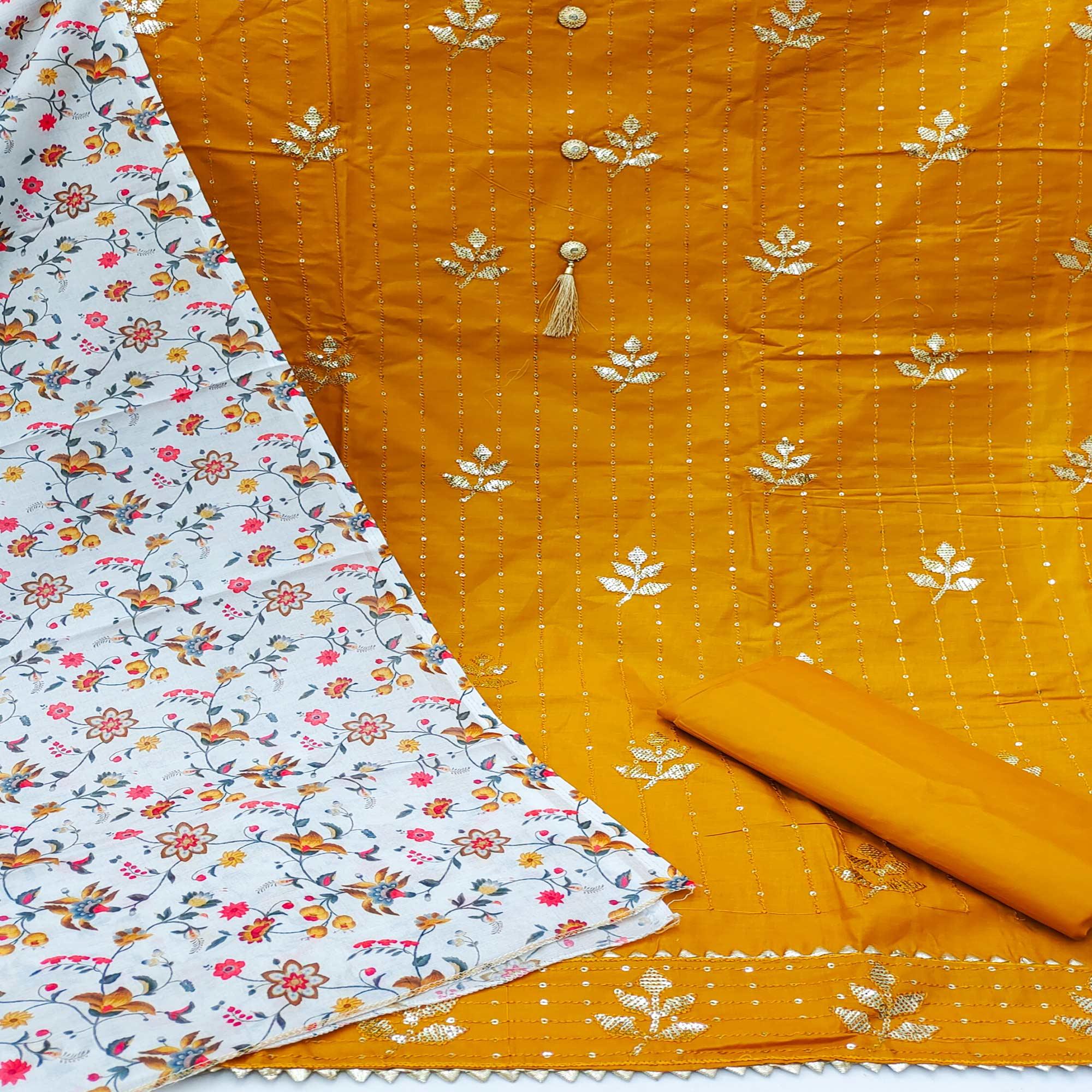 Gold Festive Wear Sequence Work Cotton Dress Material - Peachmode