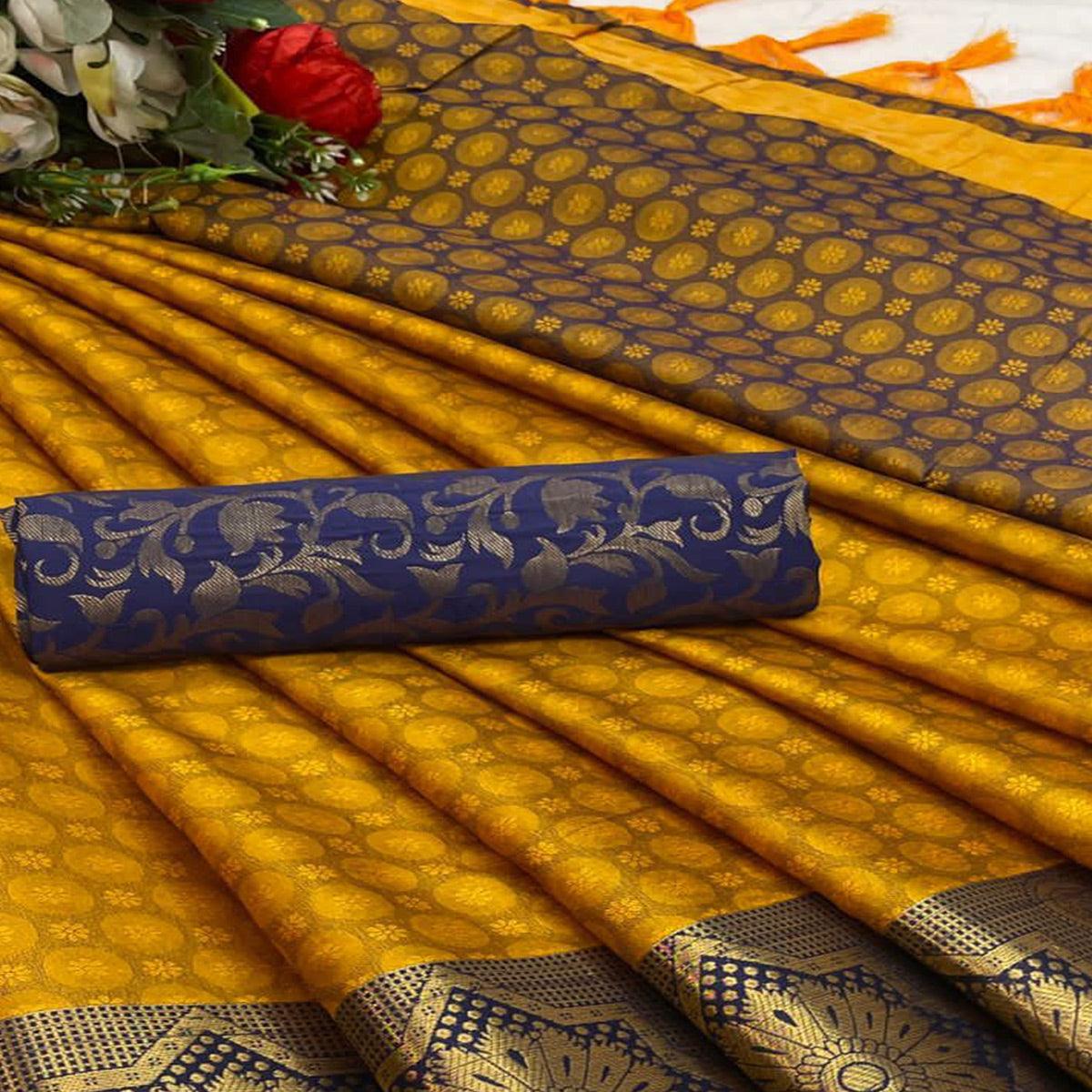 Gold Festive Wear Woven Cotton Silk Saree - Peachmode