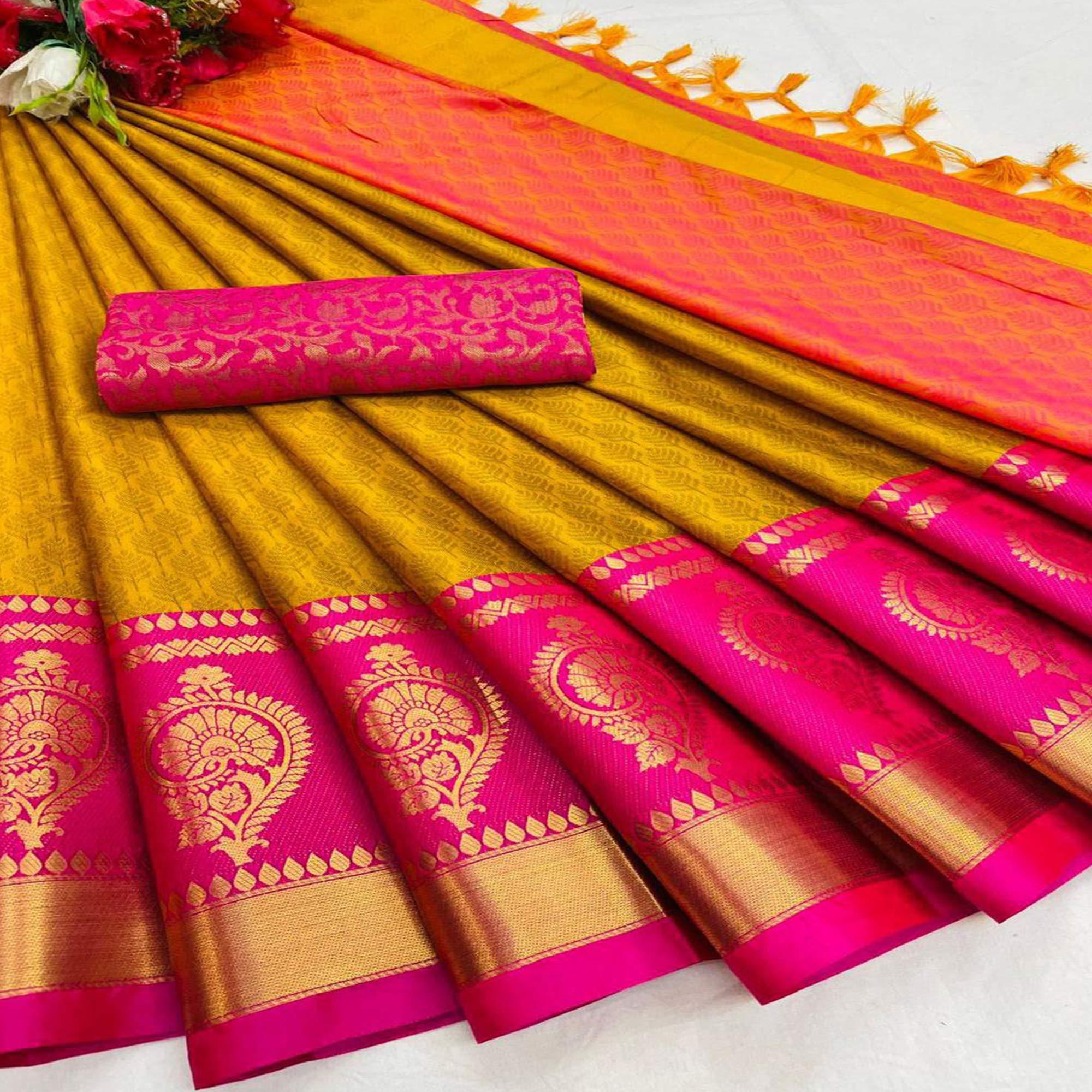 Gold Festive Wear Woven Heavy Rich Cotton Silk Saree - Peachmode