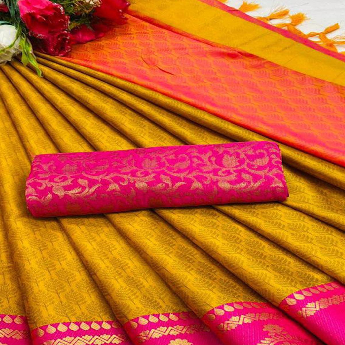 Gold Festive Wear Woven Heavy Rich Cotton Silk Saree - Peachmode