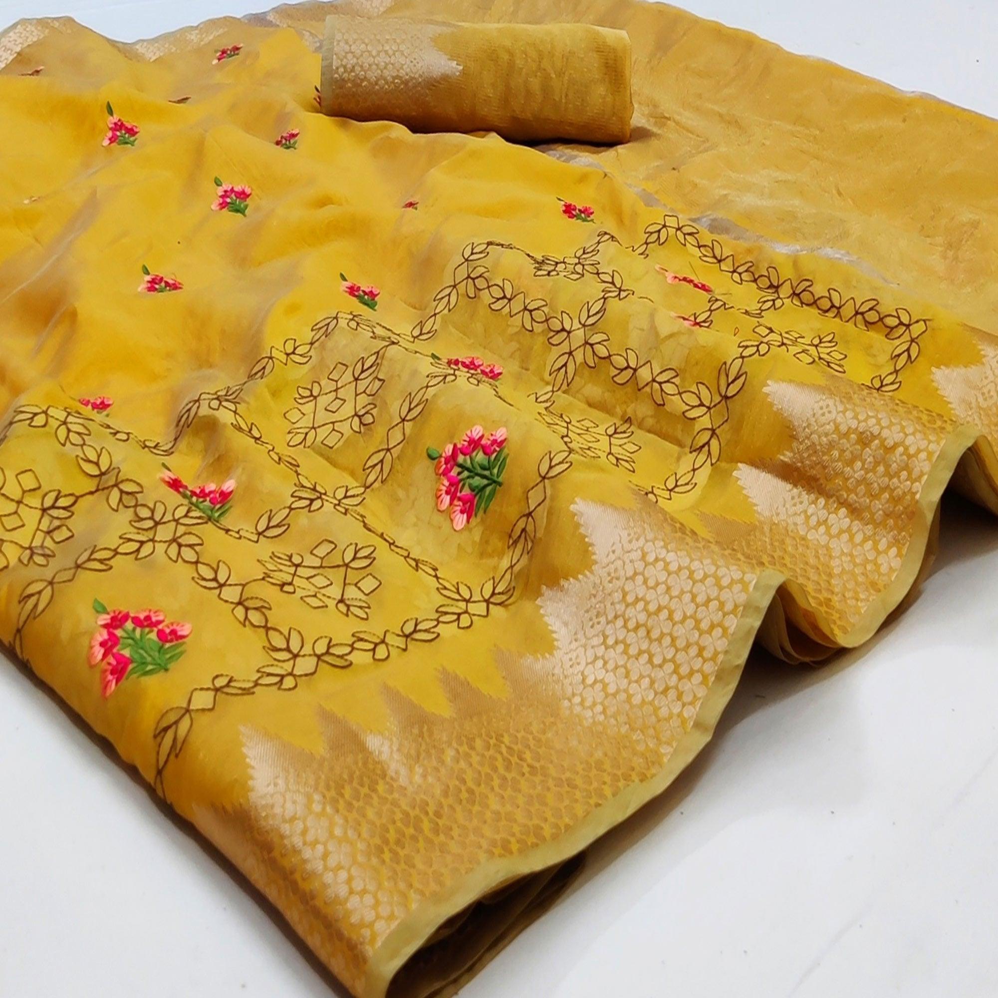 Gold Festive Wear Woven Organza Saree With Floral Embroidery Butta Work - Peachmode