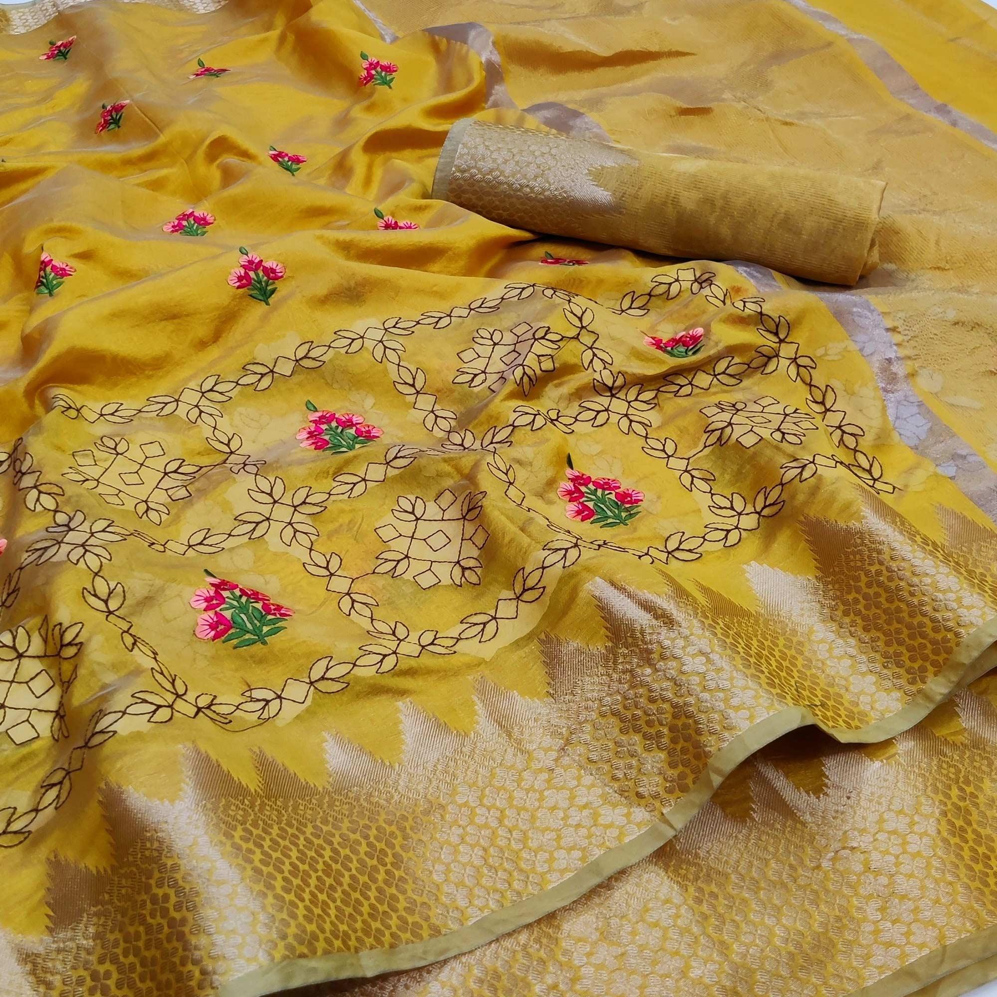 Gold Festive Wear Woven Organza Saree With Floral Embroidery Butta Work - Peachmode