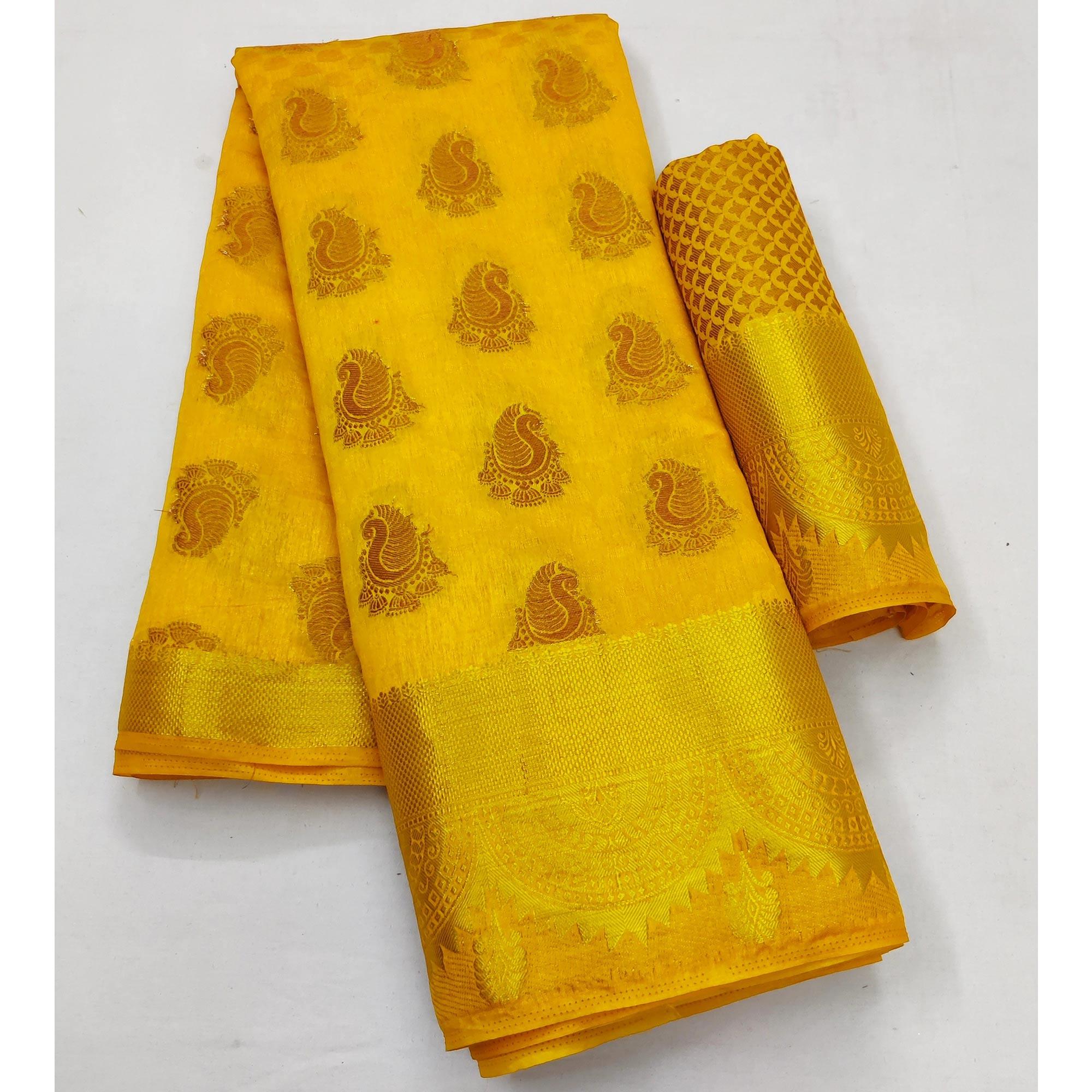 Gold Festive Wear Woven Soft Silk Saree - Peachmode