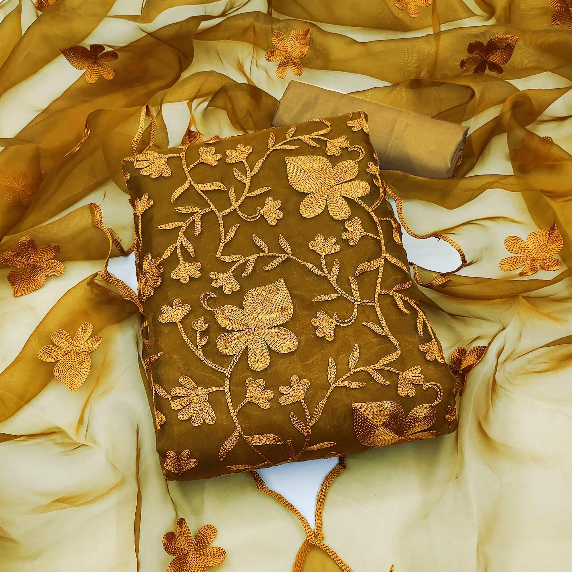 Gold Floral Embroidered Organza Dress Material - Peachmode