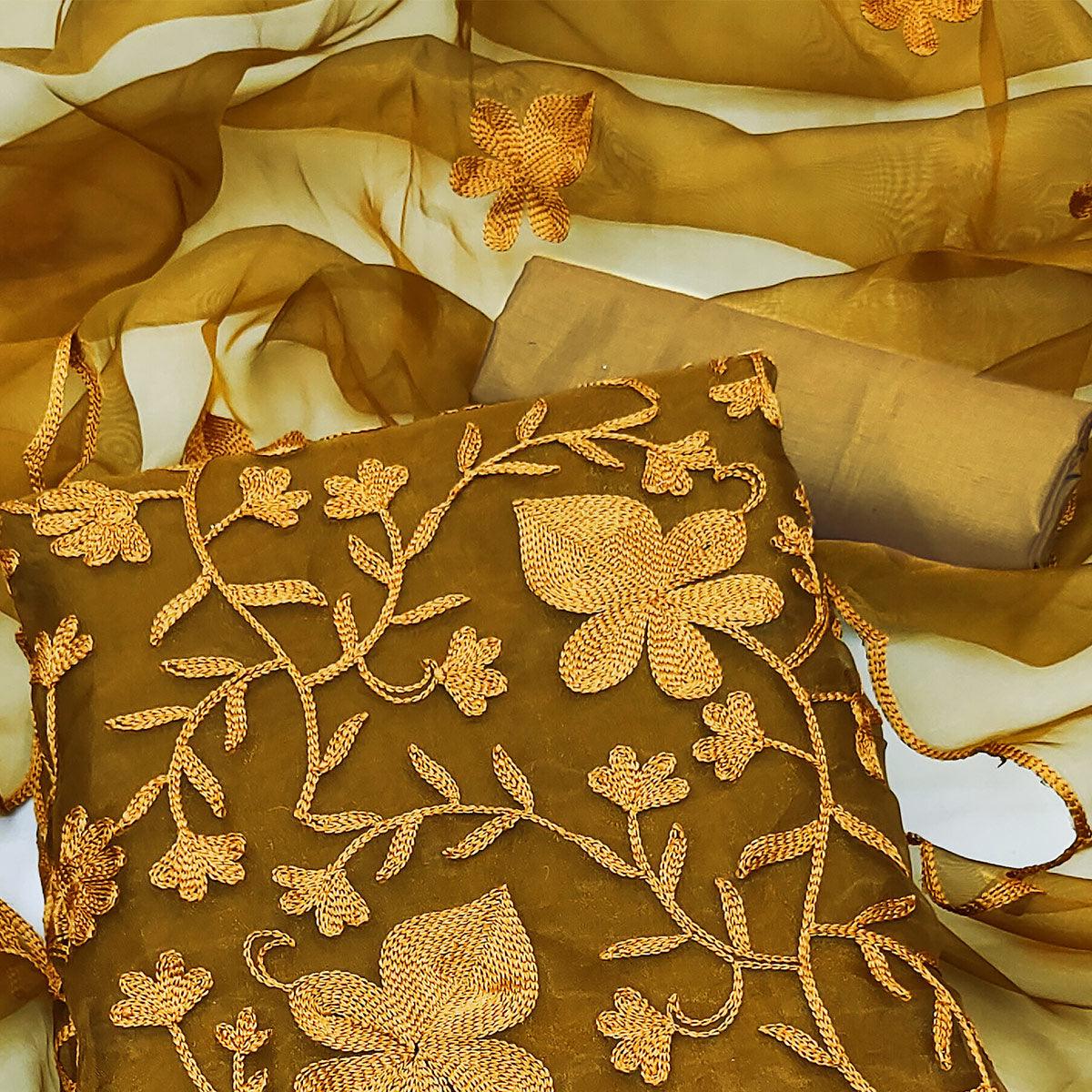Gold Floral Embroidered Organza Dress Material - Peachmode