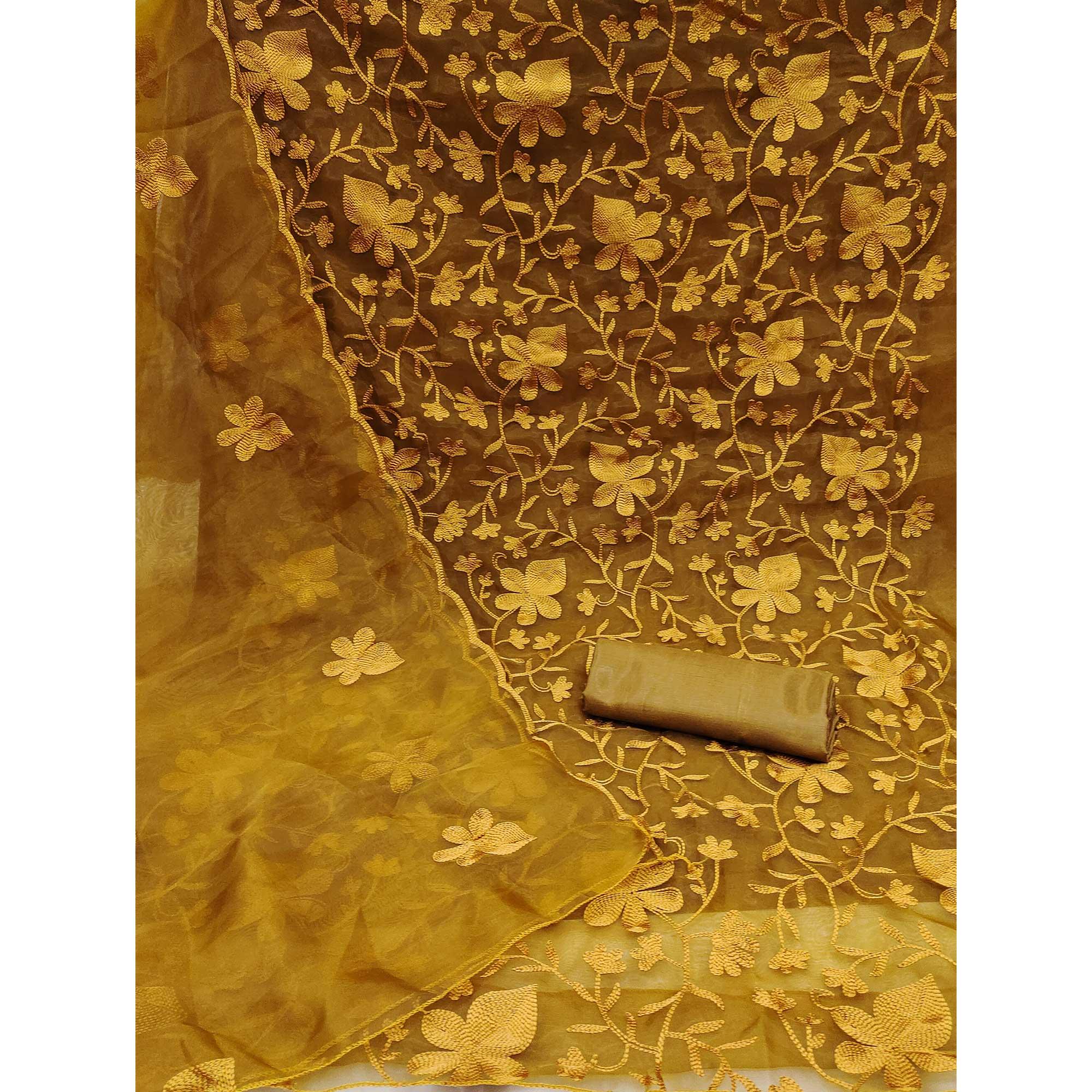 Gold Floral Embroidered Organza Dress Material - Peachmode