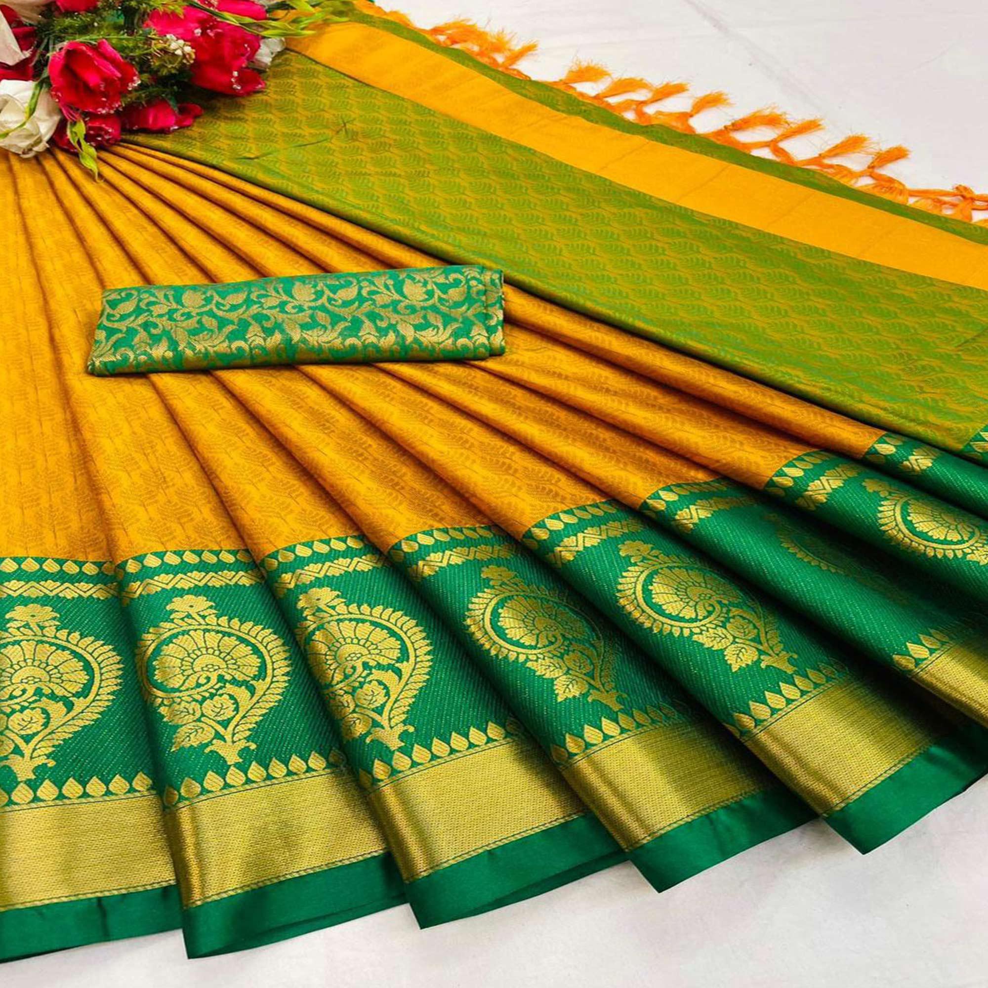 Gold Green Festive Wear Woven Heavy Rich Cotton Silk Saree - Peachmode