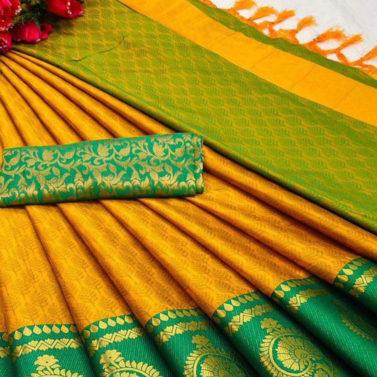 Gold Green Festive Wear Woven Heavy Rich Cotton Silk Saree - Peachmode