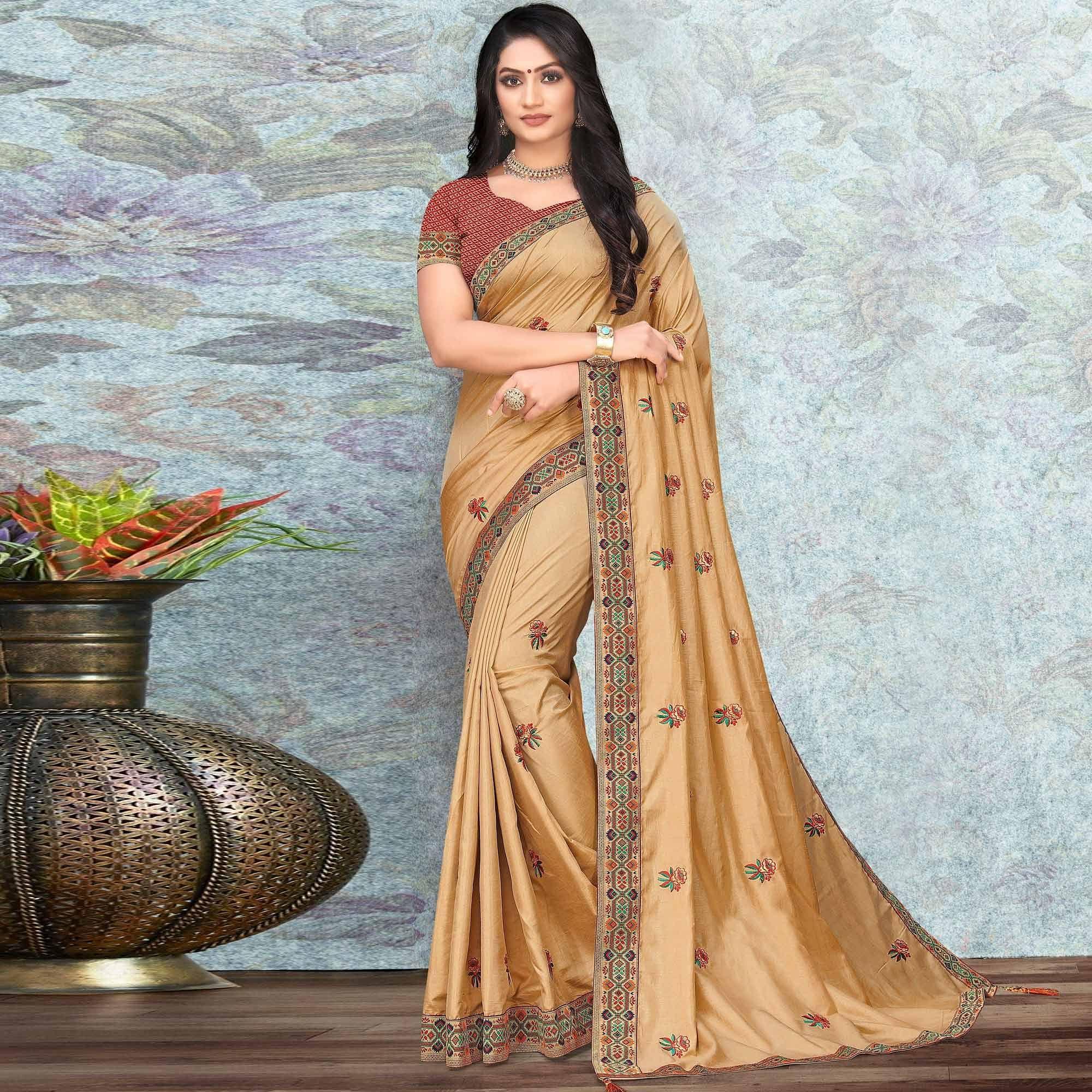 Gold Party Wear Embroidered Silk Saree - Peachmode