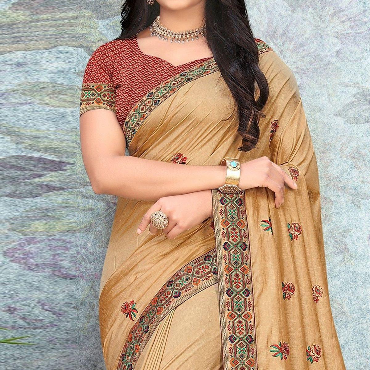 Gold Party Wear Embroidered Silk Saree - Peachmode