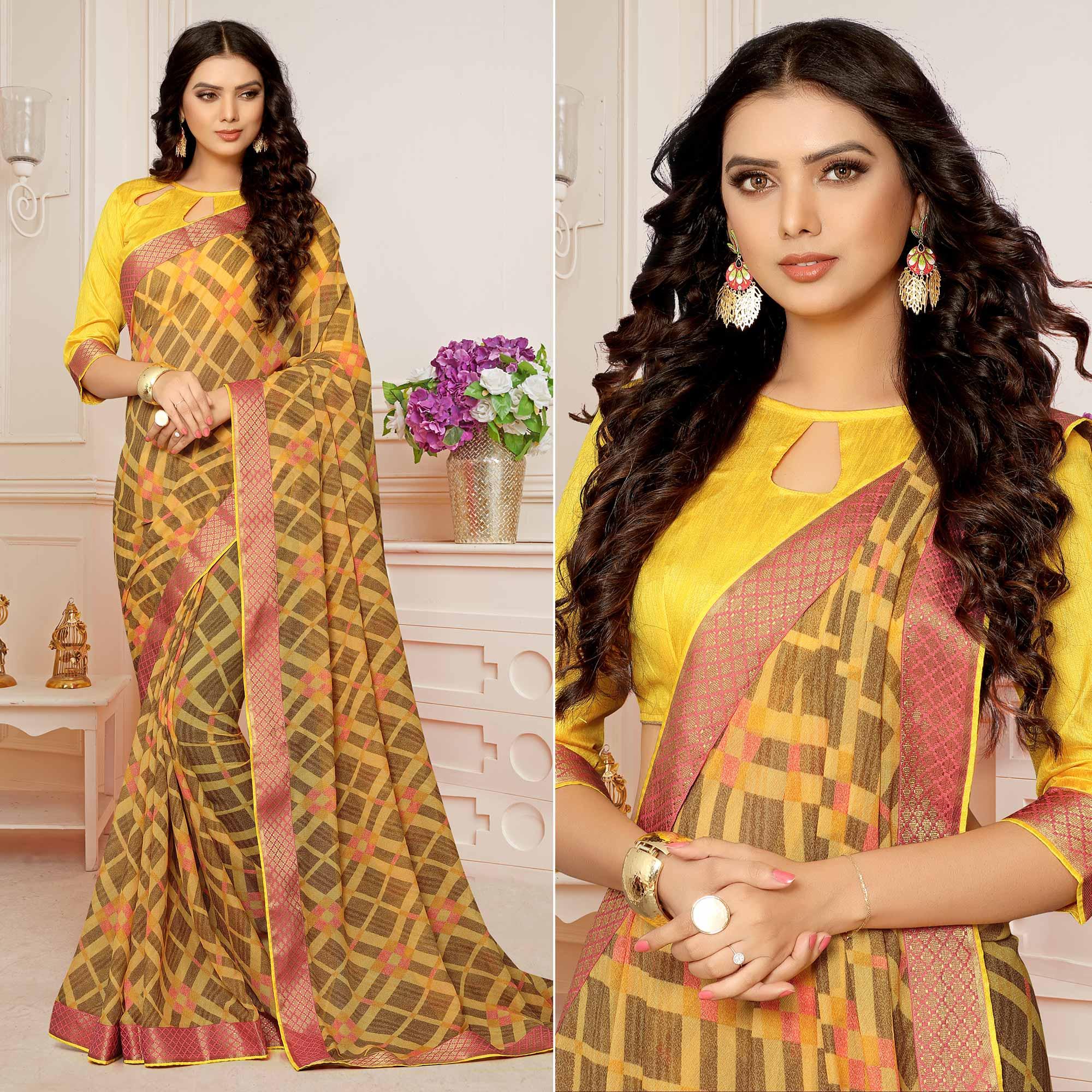 Gold Printed With Woven Border Georgette Saree - Peachmode