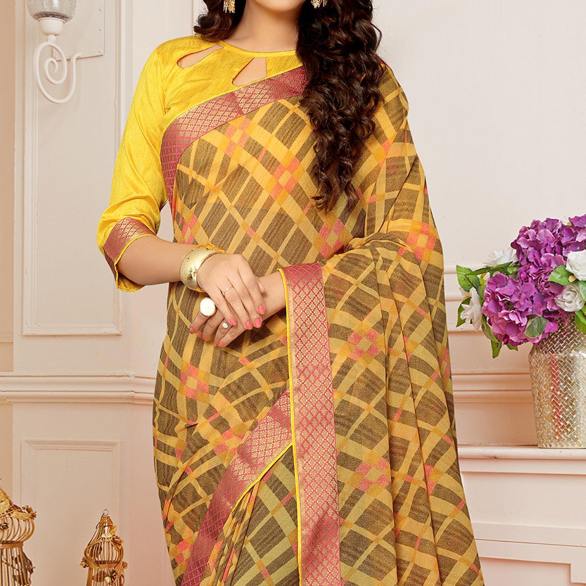 Gold Printed With Woven Border Georgette Saree - Peachmode