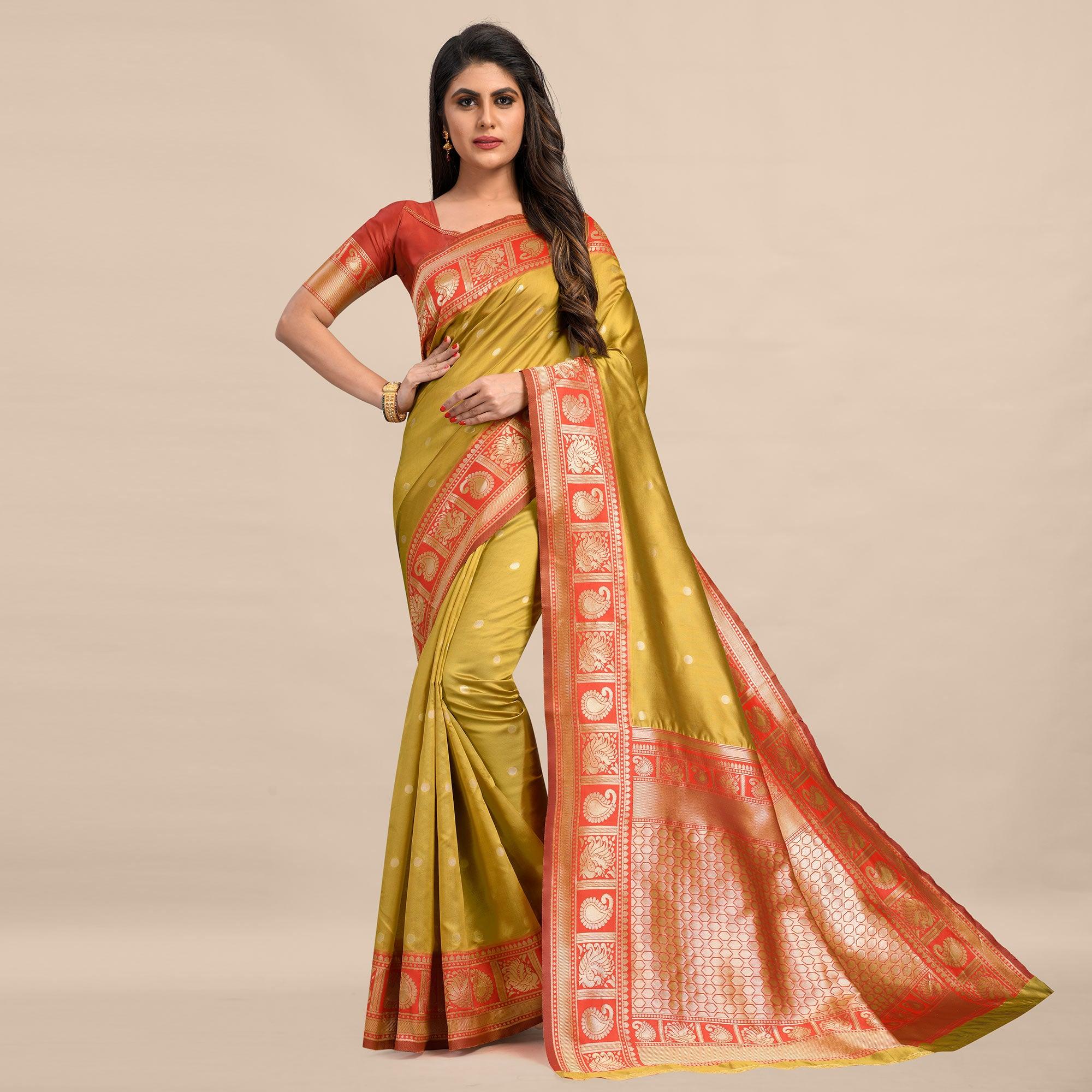 Gold-Red Festive Wear Rich Woven Border Soft Banarasi Silk Saree - Peachmode