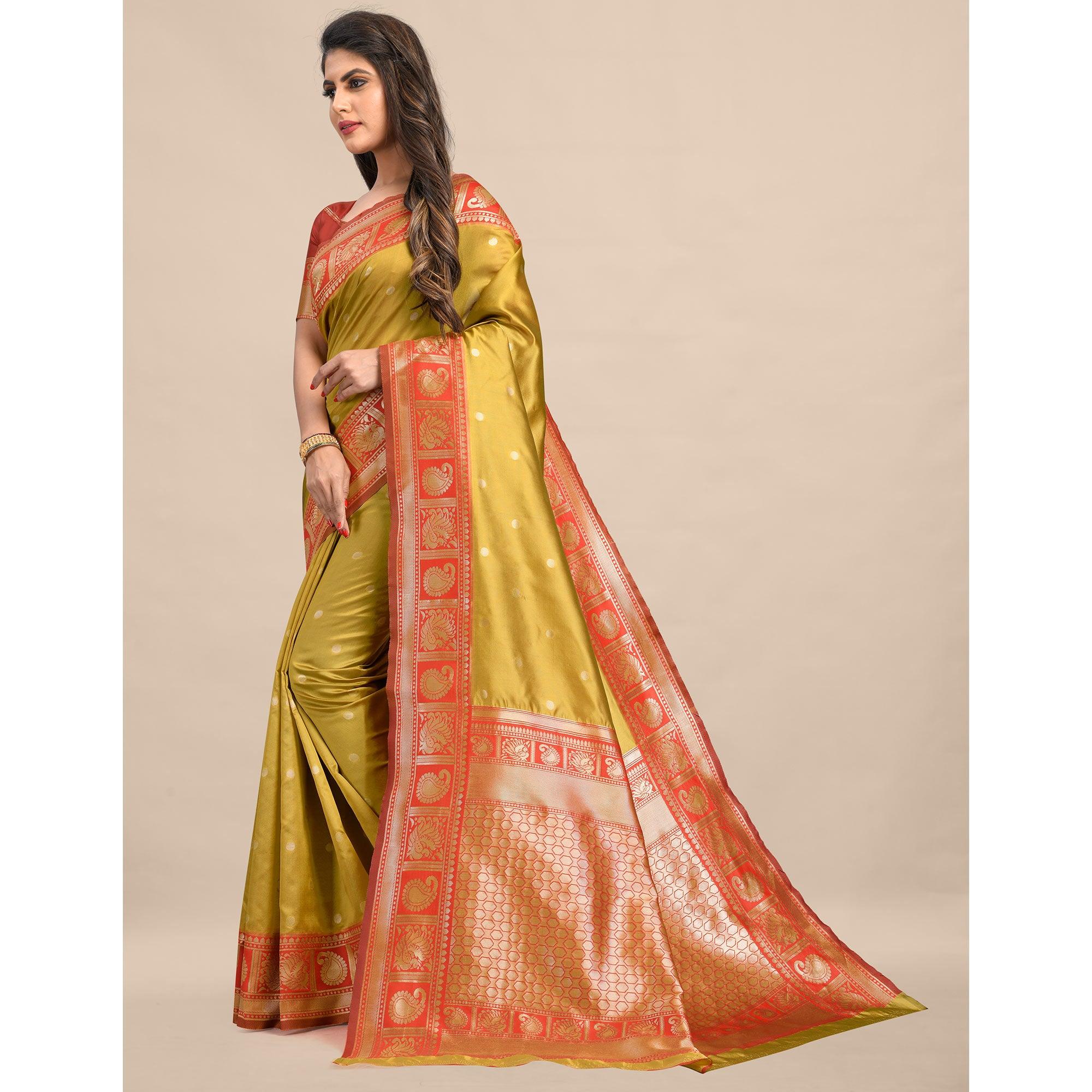 Gold-Red Festive Wear Rich Woven Border Soft Banarasi Silk Saree - Peachmode
