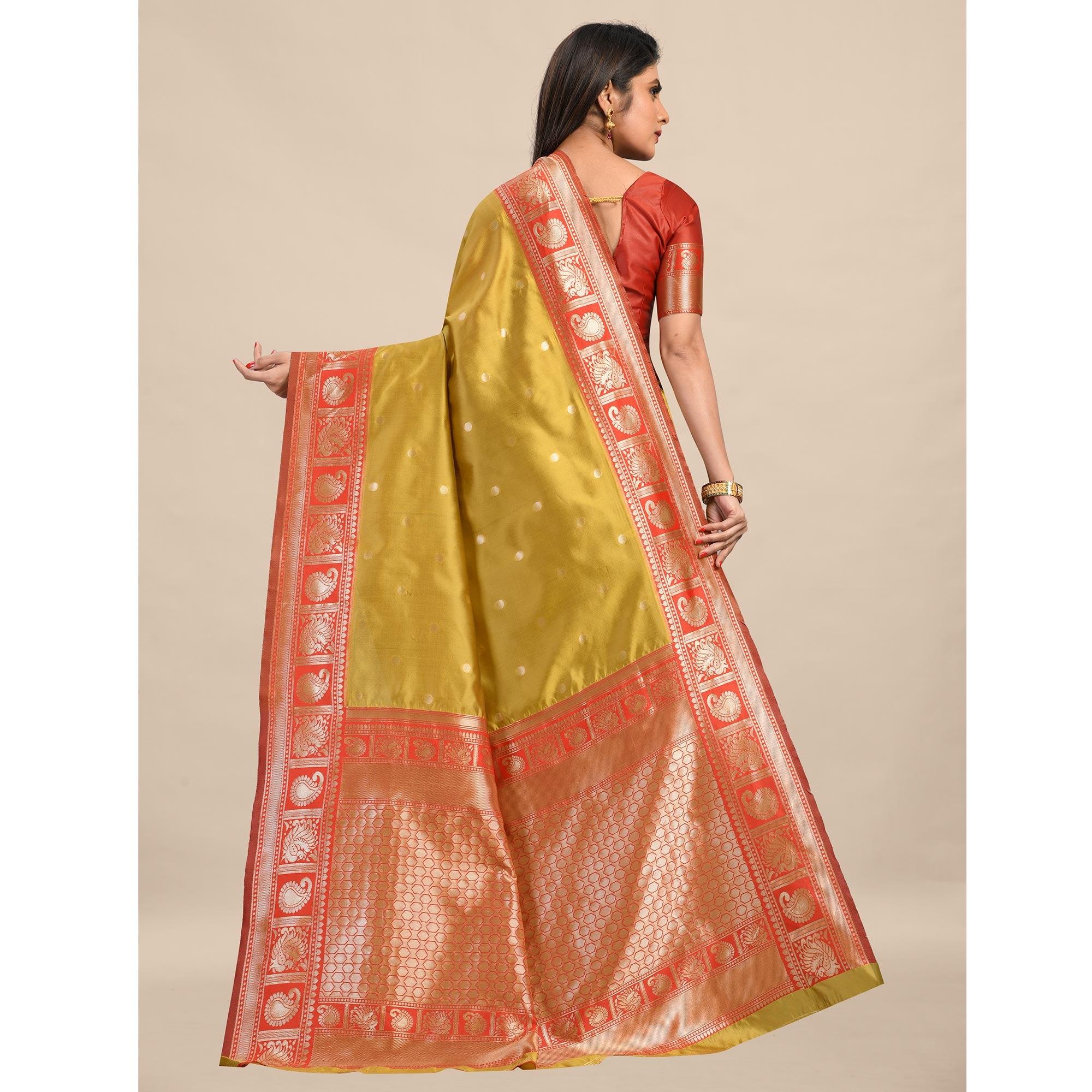 Gold-Red Festive Wear Rich Woven Border Soft Banarasi Silk Saree - Peachmode