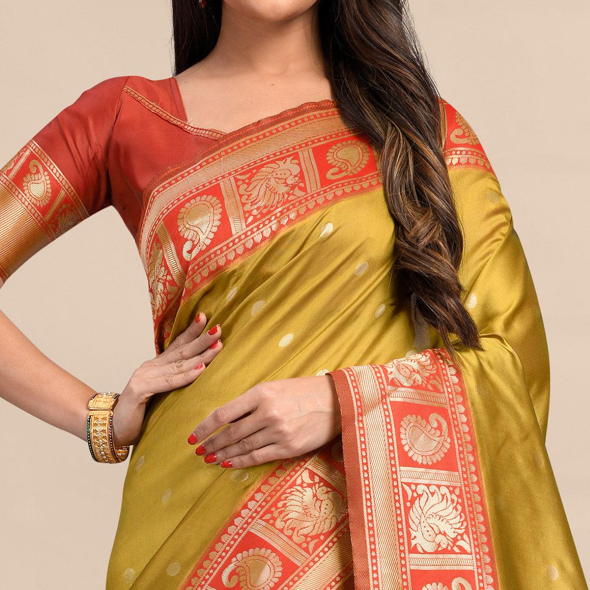 Gold-Red Festive Wear Rich Woven Border Soft Banarasi Silk Saree - Peachmode
